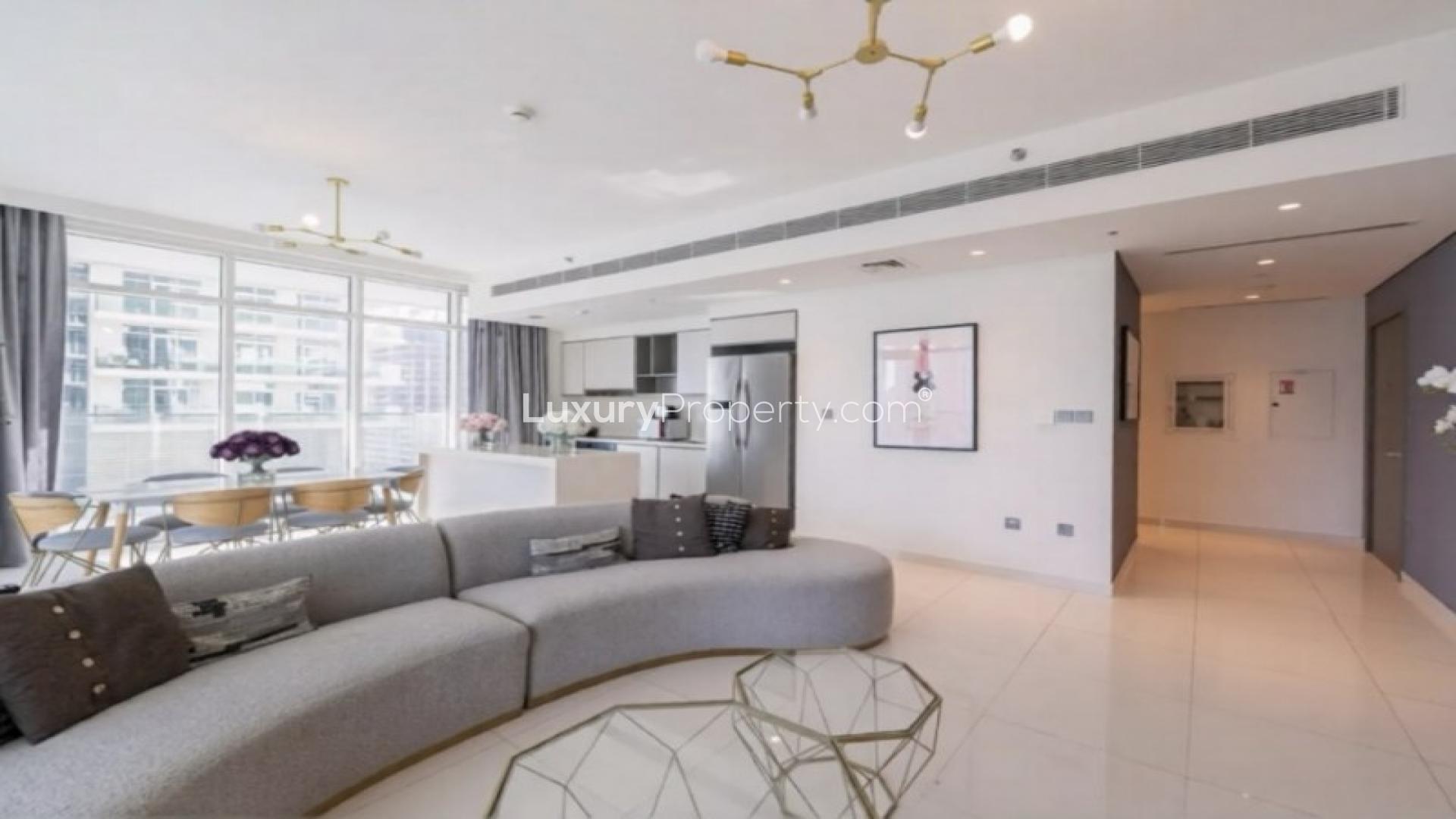 N/A,Modern open-plan living area in Sunrise Bay Tower 2 apartment, Emaar Beachfront, for rent
