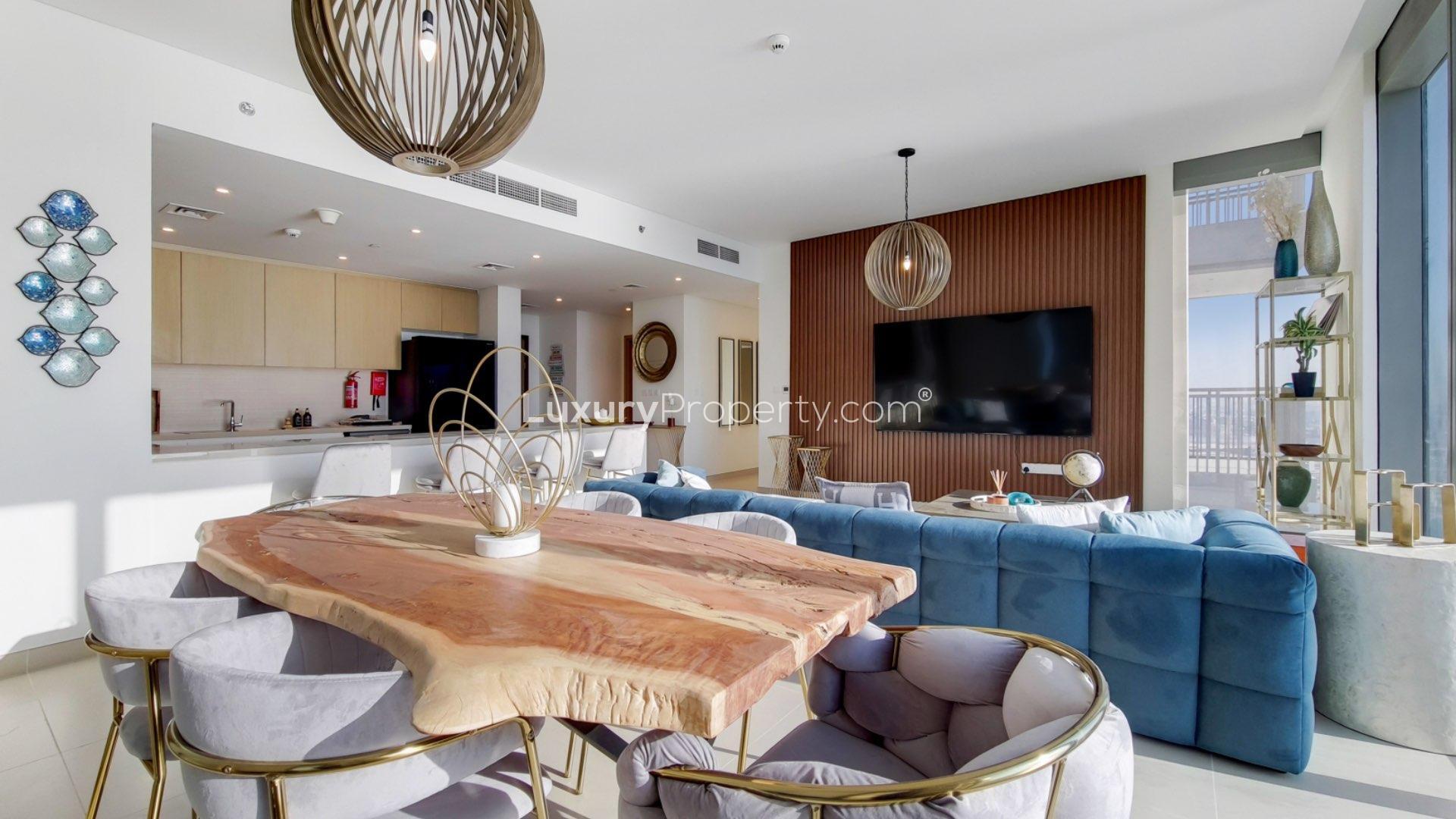 Luxurious living room in 3-bedroom apartment, 52/42 Dubai Marina, modern furnishings, large windows