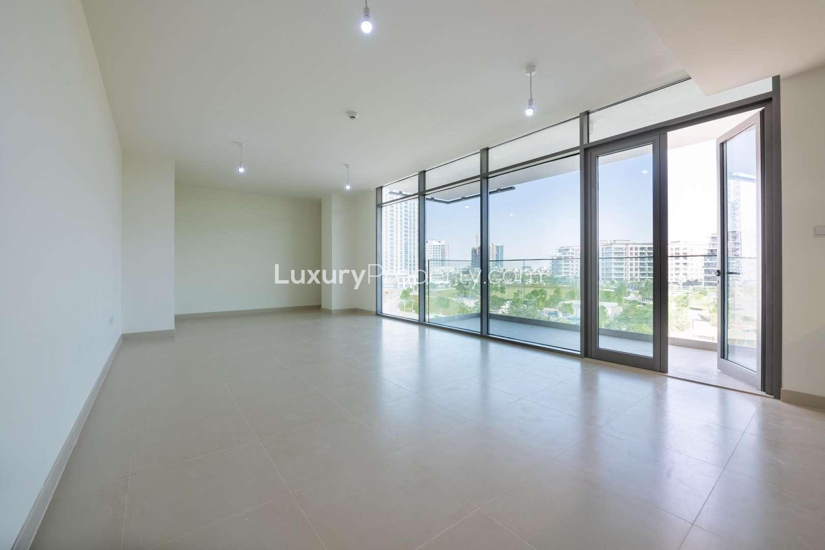 Balcony view from 3-bedroom apartment in Acacia Park Heights, Dubai Hills Estate, lush surroundings