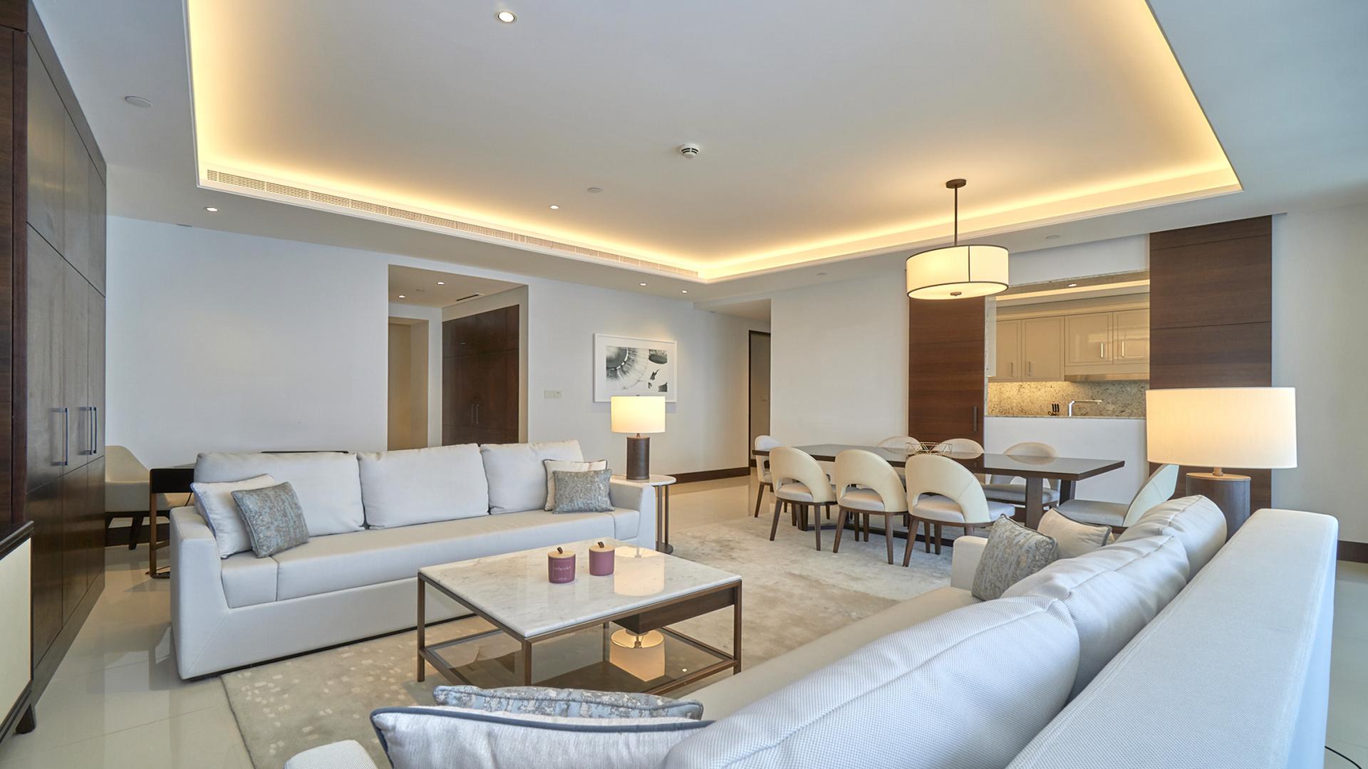 Luxurious furnished living room in 3-bedroom apartment, Downtown Dubai, with modern decor
