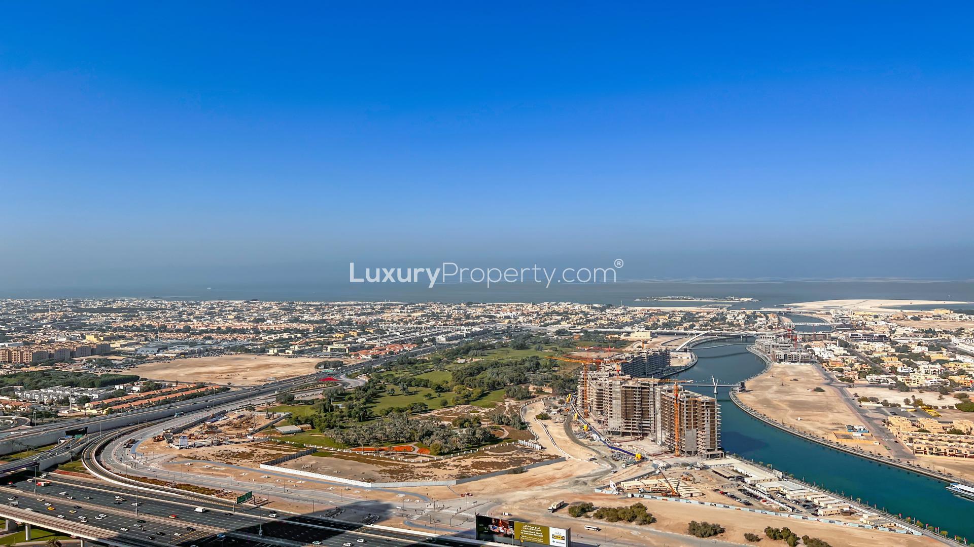 Spacious living room with marble floors in Business Bay apartment, Al Habtoor City