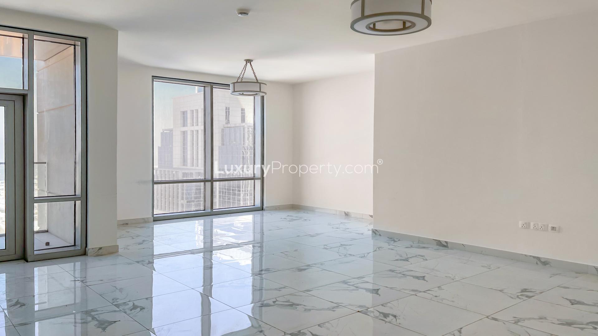 Aerial view of canal and cityscape from high-floor apartment in Al Habtoor City, Business Bay