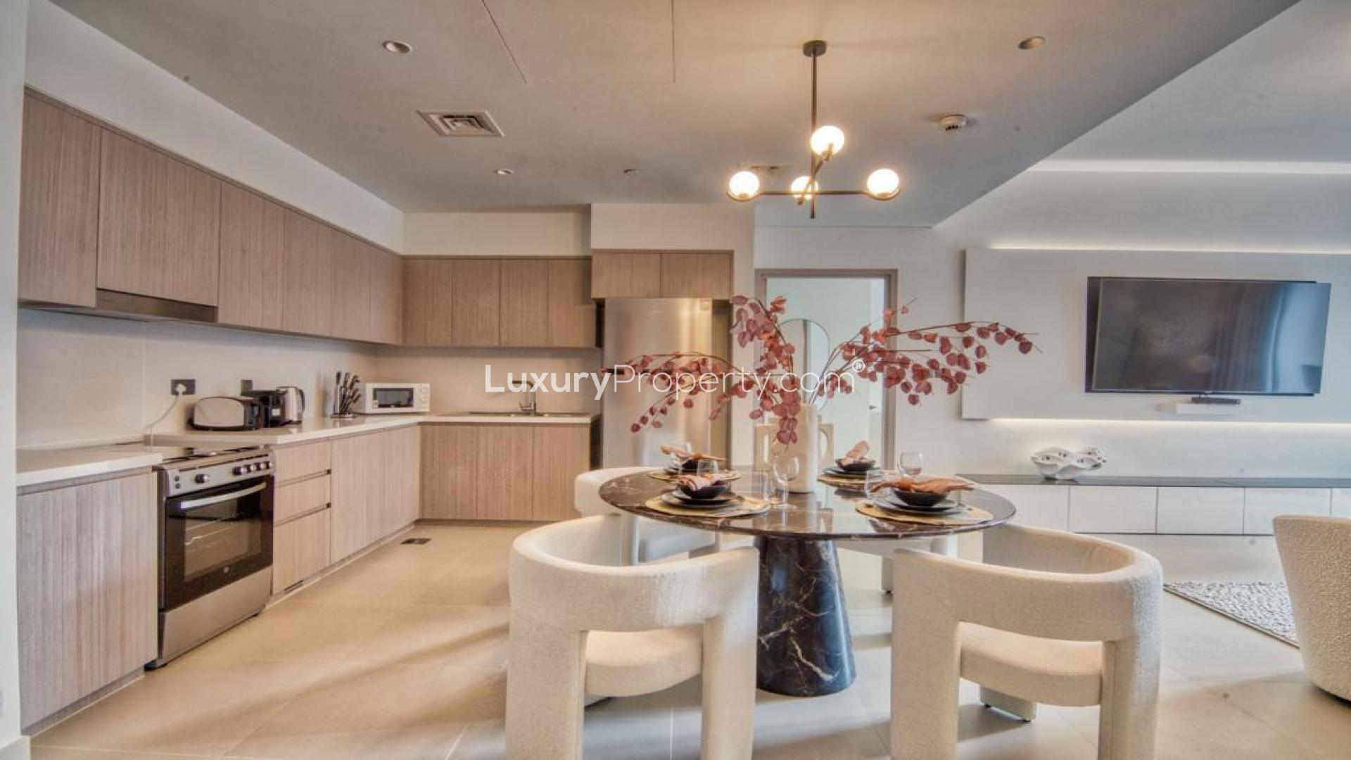 Chic living room in 3-bedroom apartment, Act Towers, Downtown Dubai, modern decor, spacious layout