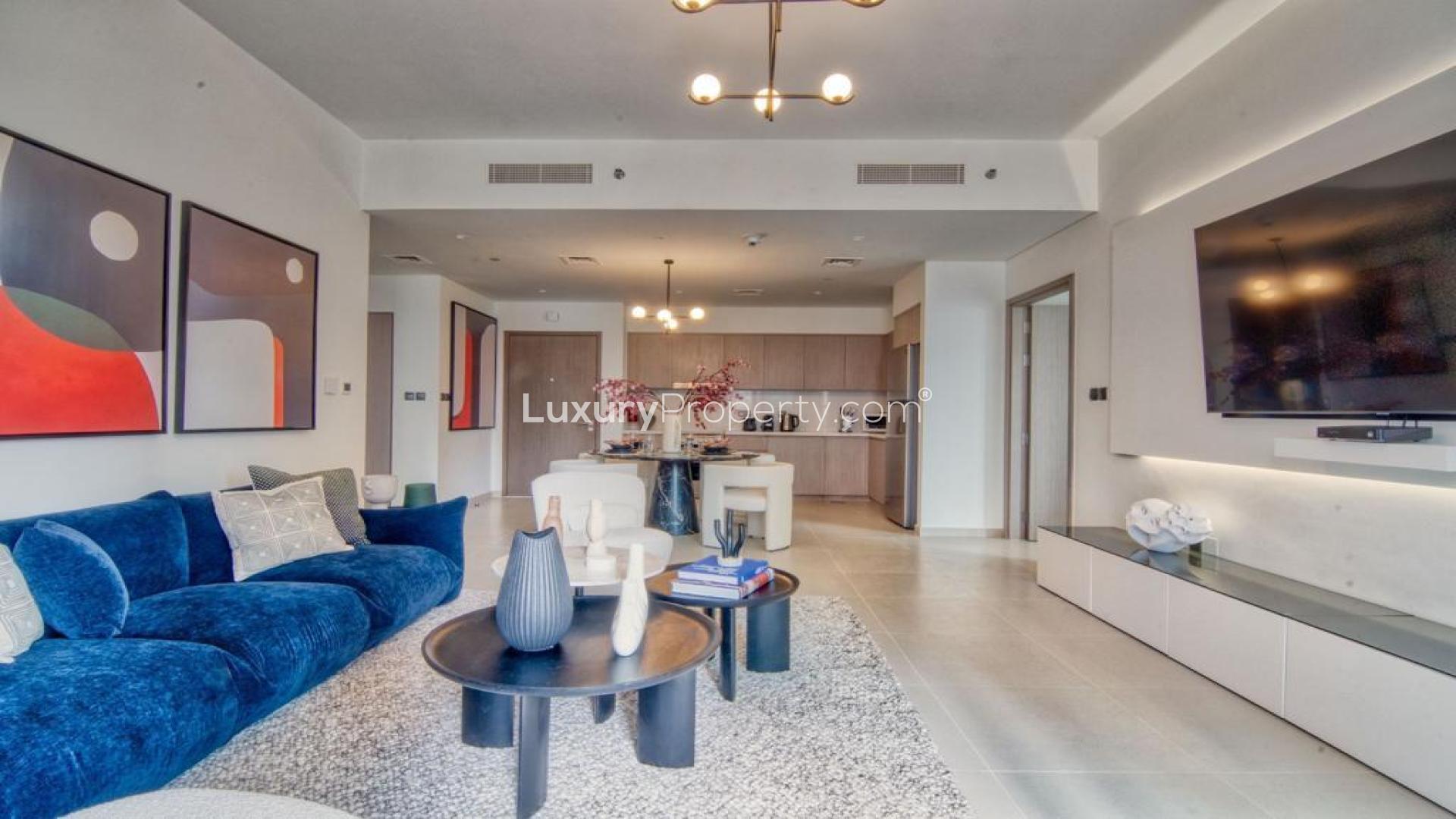 Modern living room in 3-bedroom apartment, Act Towers, Opera District, Downtown Dubai