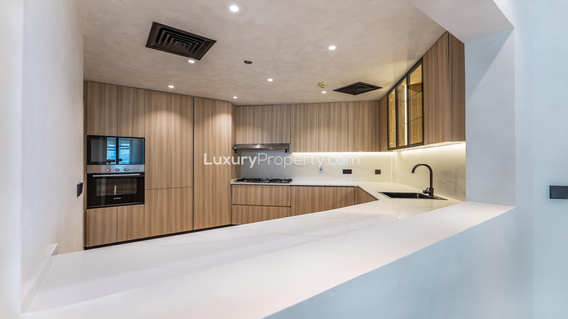 Vacant upgraded apartment interior with large windows, Shoreline Apartments, Palm Jumeirah