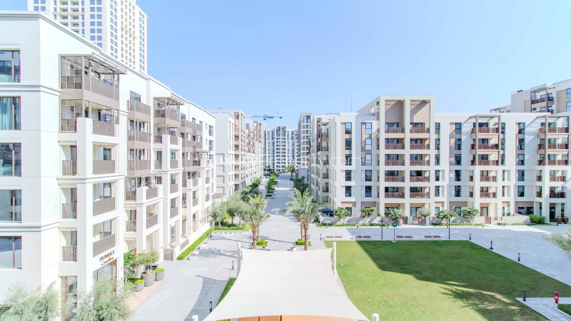 Fully furnished living and dining area in Dubai Creek Harbour apartment for rent