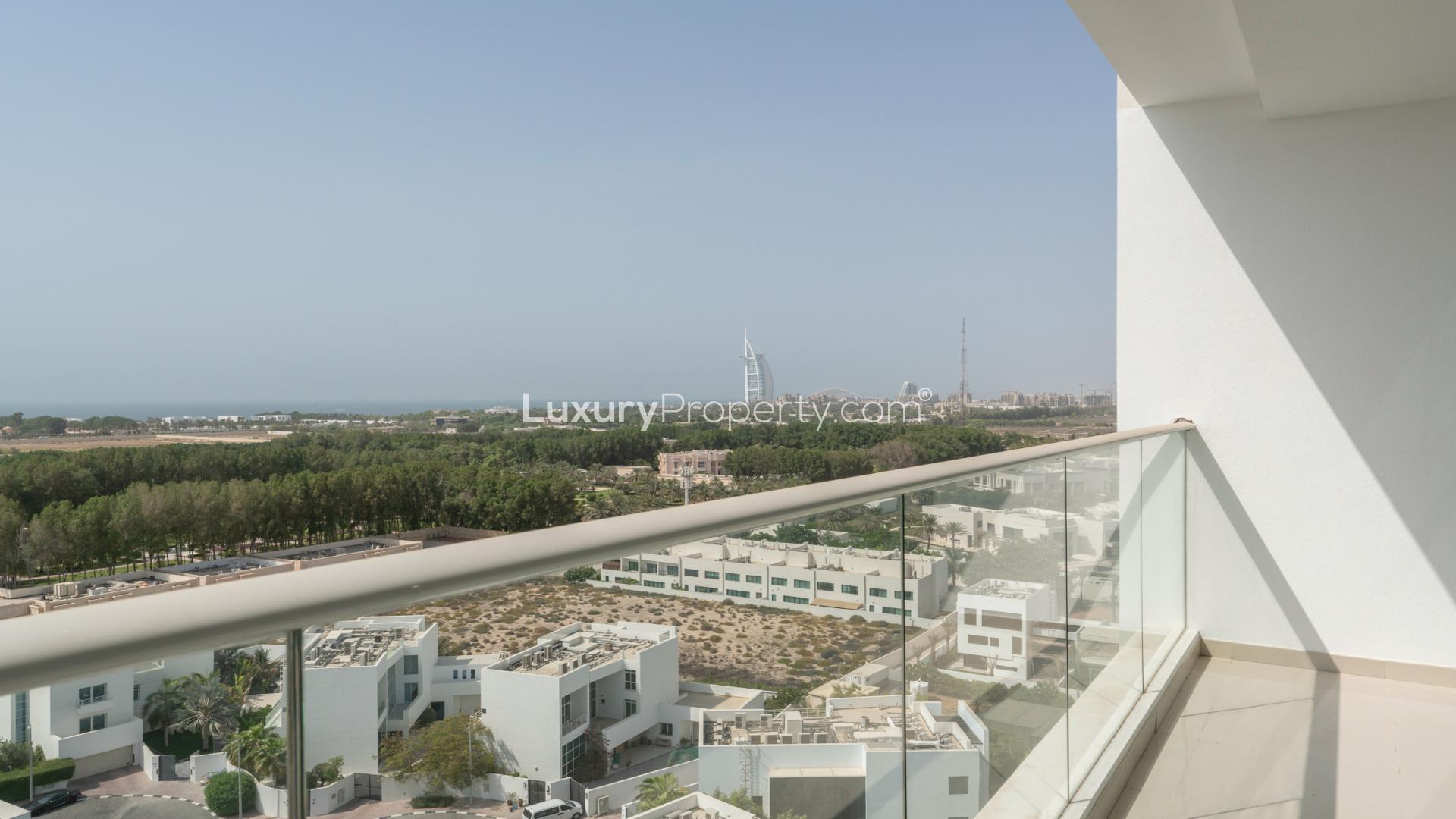 Fully furnished living room in 3-bed apartment, Al Sufouh 1, with modern decor