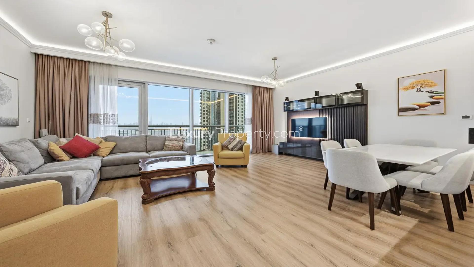 Luxurious living room in vacant, upgraded Dubai Creek Harbour apartment for rent, chiller free