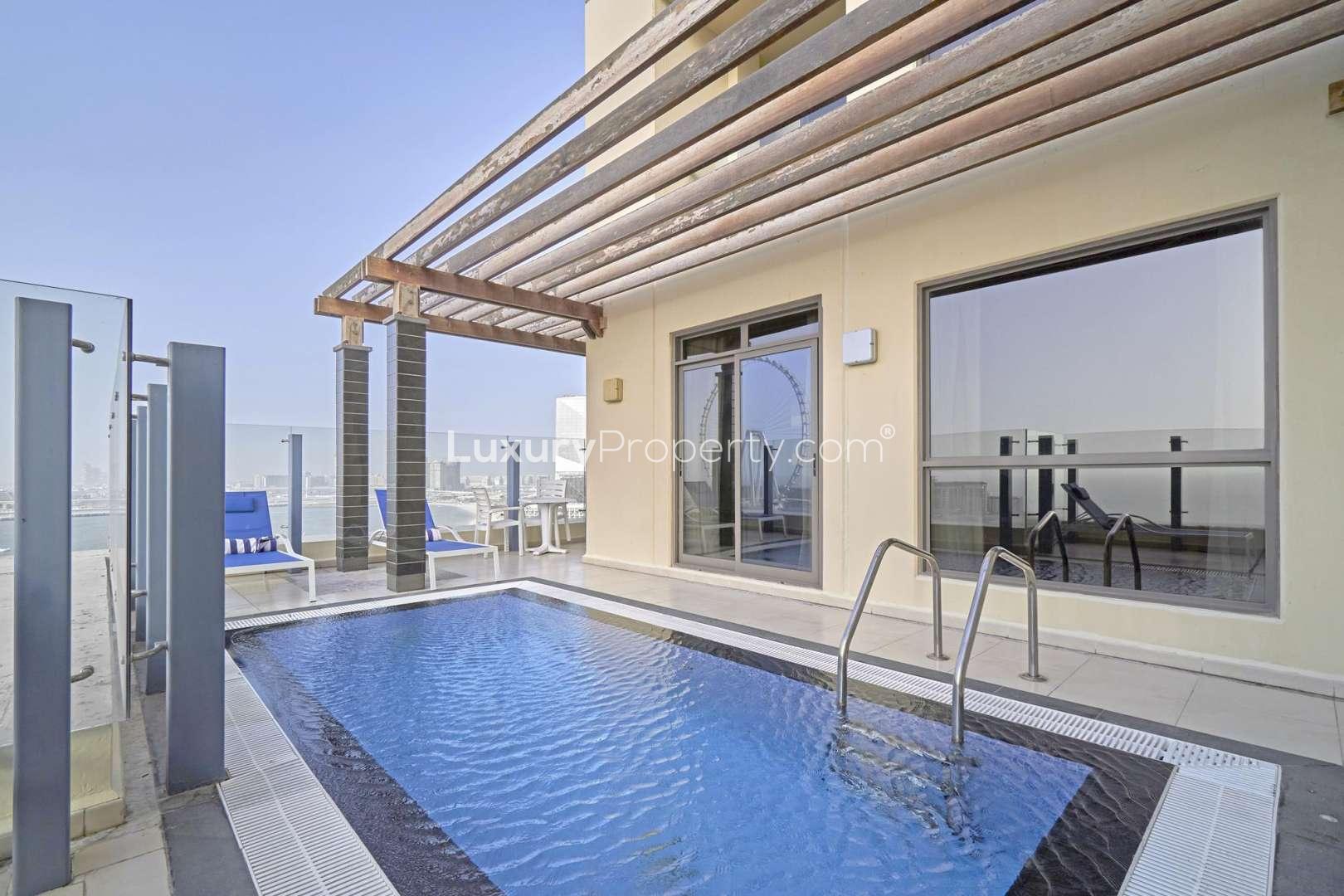 "Amwaj Roda apartment rooftop with private pool, sea view, Jumeirah Beach Residence rental.",Private pool in three-bedroom Amwaj apartment, Jumeirah Beach Residence, rental property LP05809