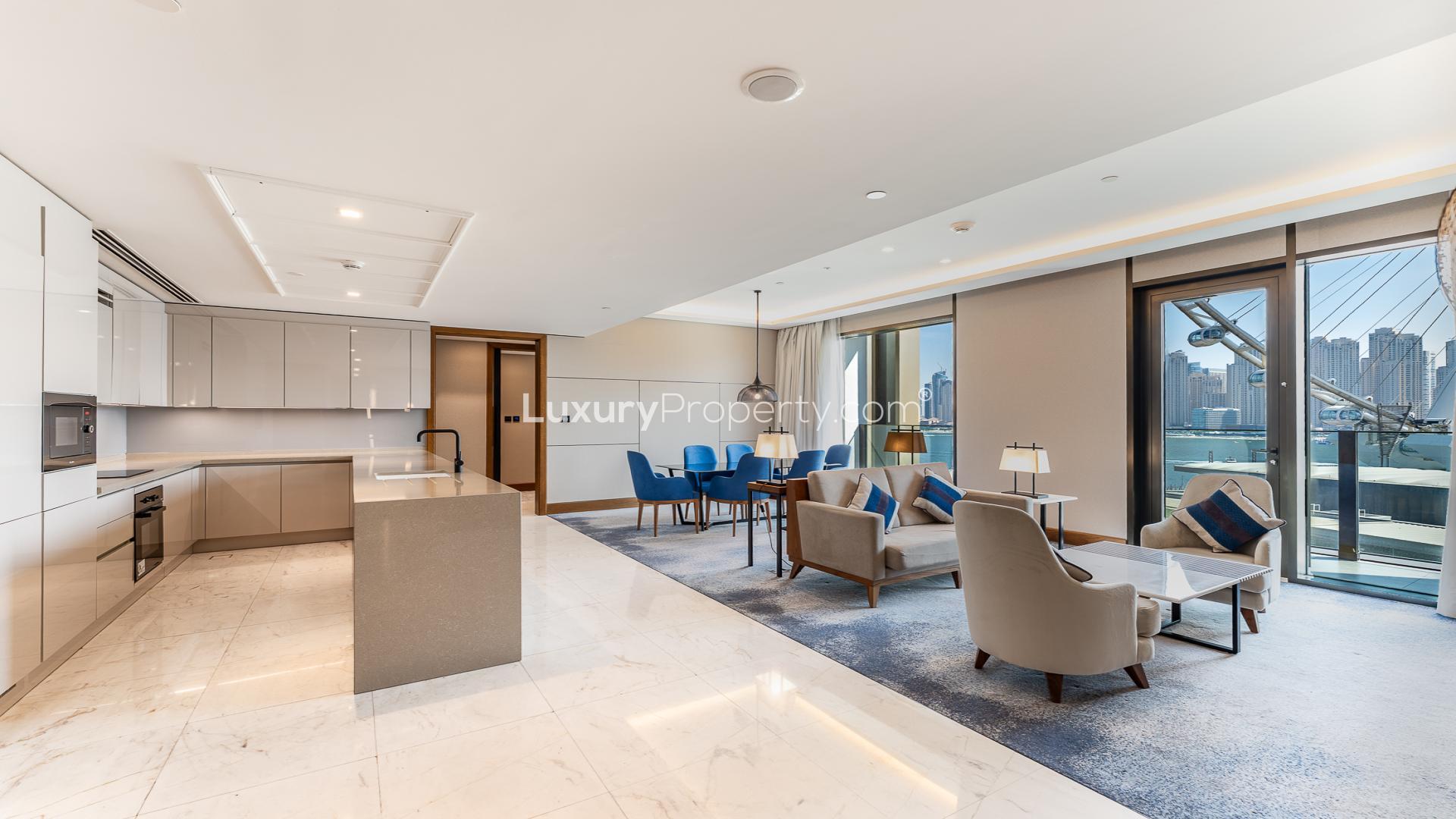 Luxurious living room in 3-bedroom apartment, Bluewaters, Dubai with city view balcony