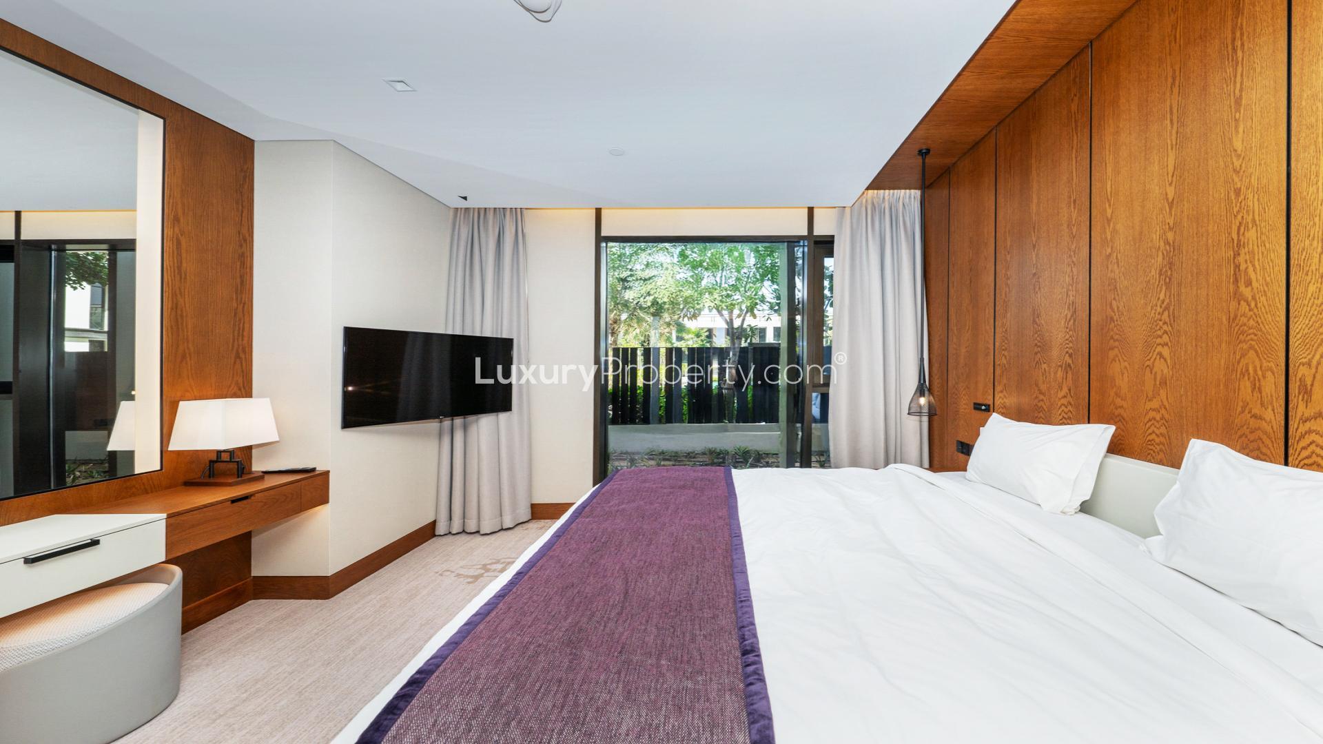 Modern open-plan living area in three-bedroom apartment, Caesar's Palace Residence, Bluewaters Island