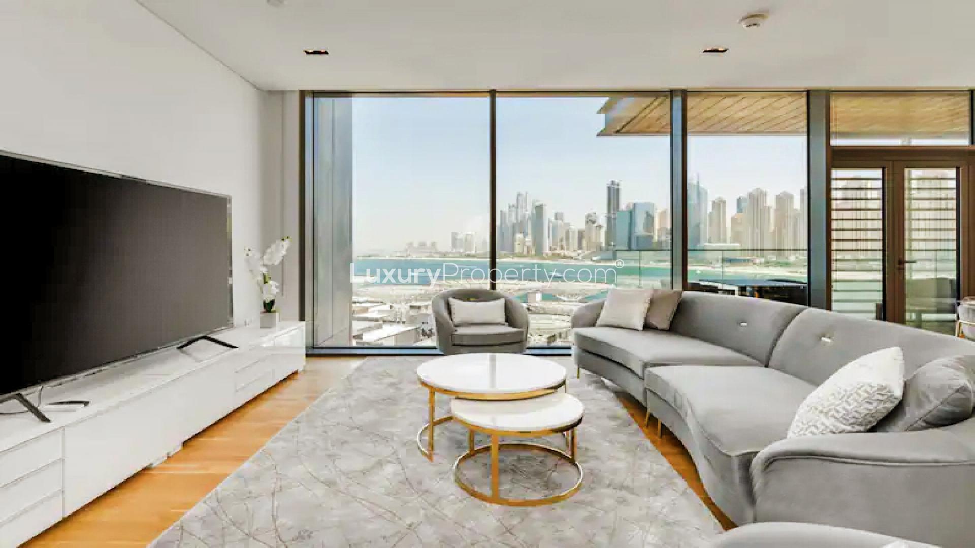 Modern dining area with skyline and sea view in Bluewaters Residences apartment for rent