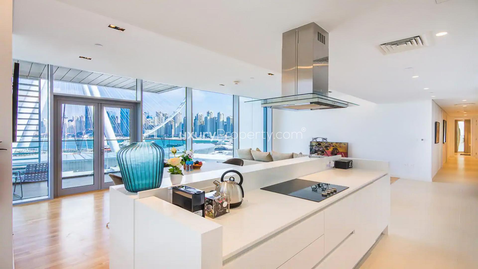 Luxurious Bluewaters apartment with stunning Ain, sea, marina views; modern living room interior