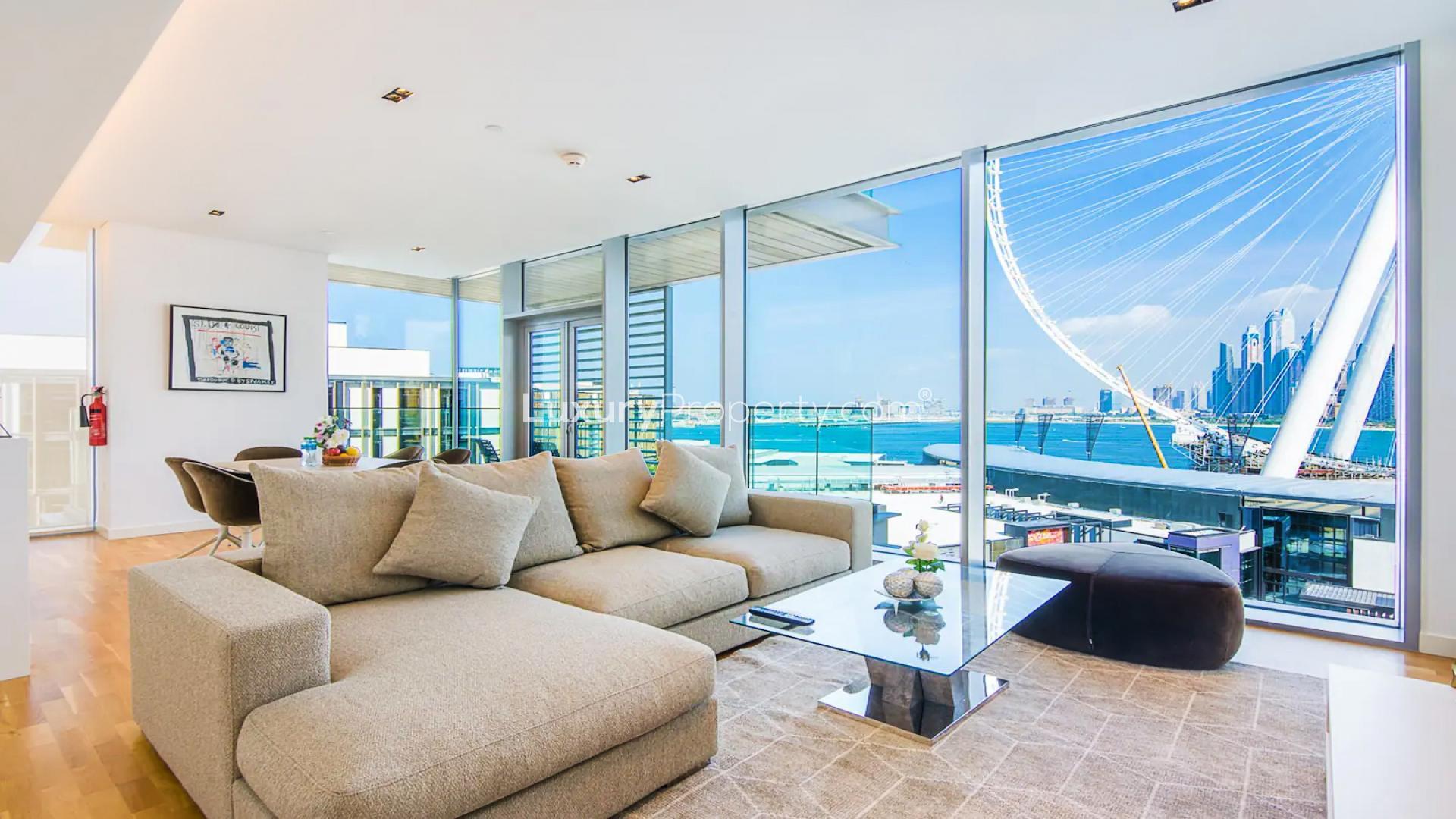 Luxurious Bluewaters apartment living room with sea and marina views, fully furnished