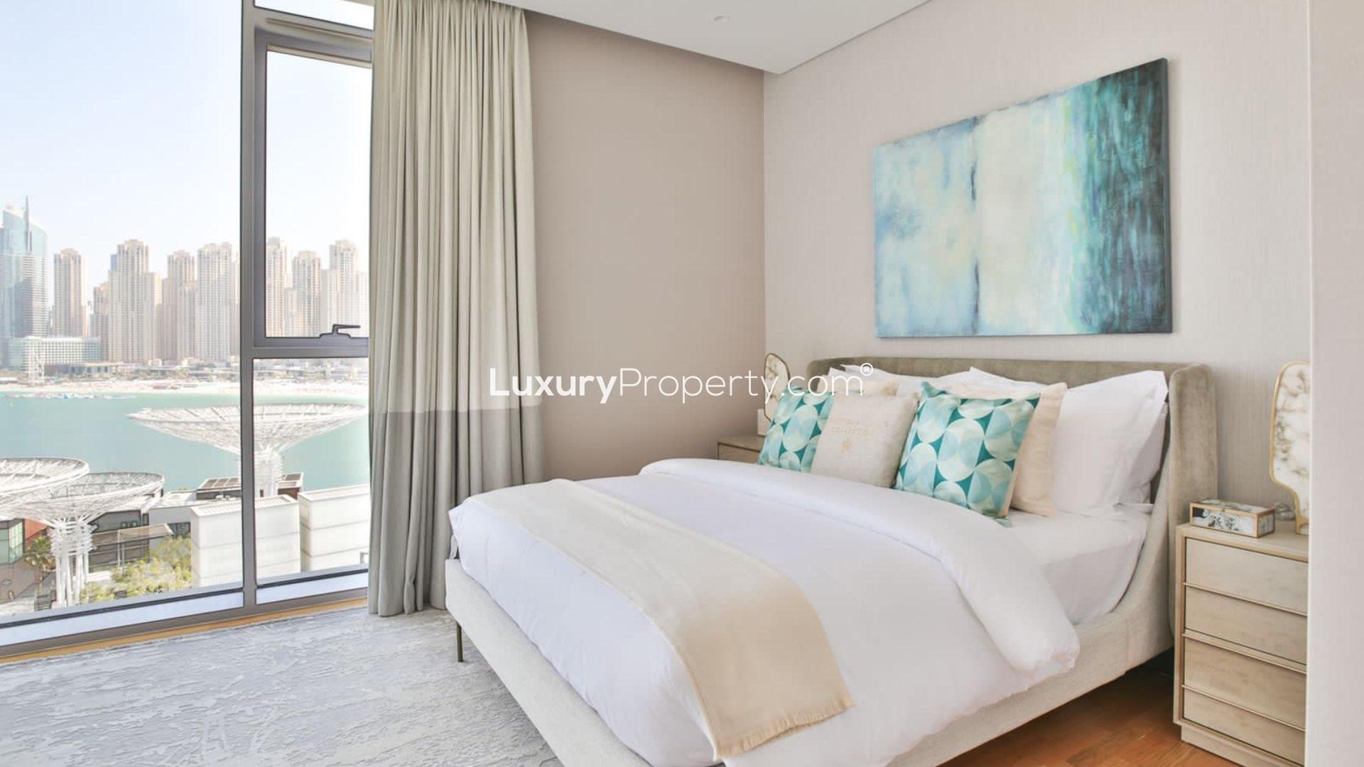 High-floor furnished apartment with JBR and Ain views in Bluewaters Residences living area