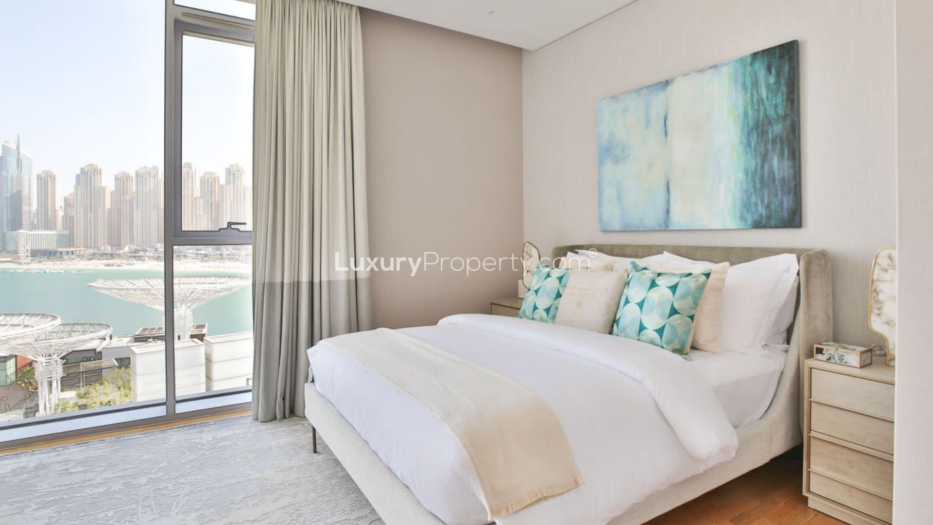 High-floor furnished apartment with JBR and Ain views in Bluewaters Residences living area