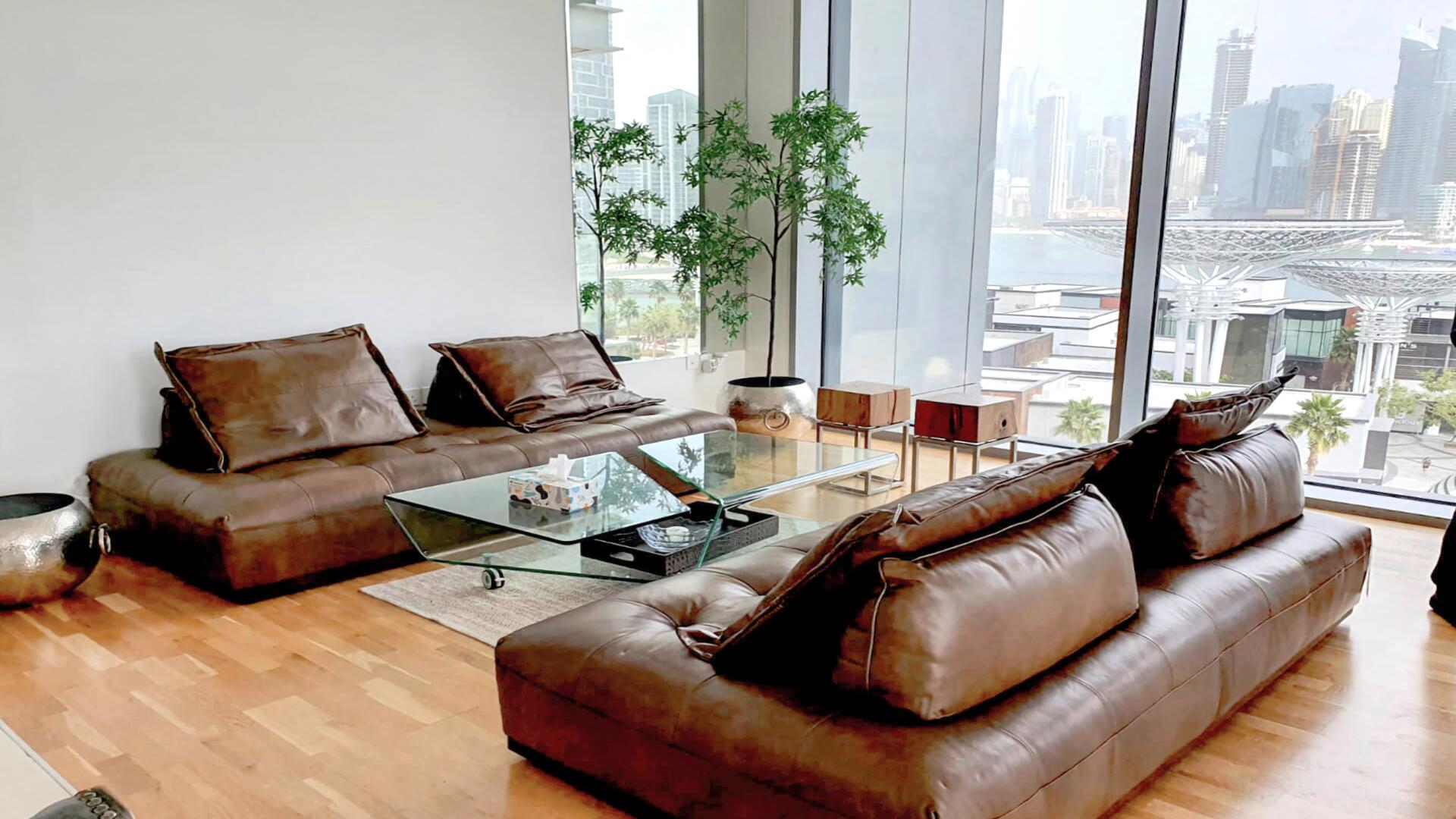 Luxurious living room in Bluewaters Island apartment with cityscape view, Dubai
