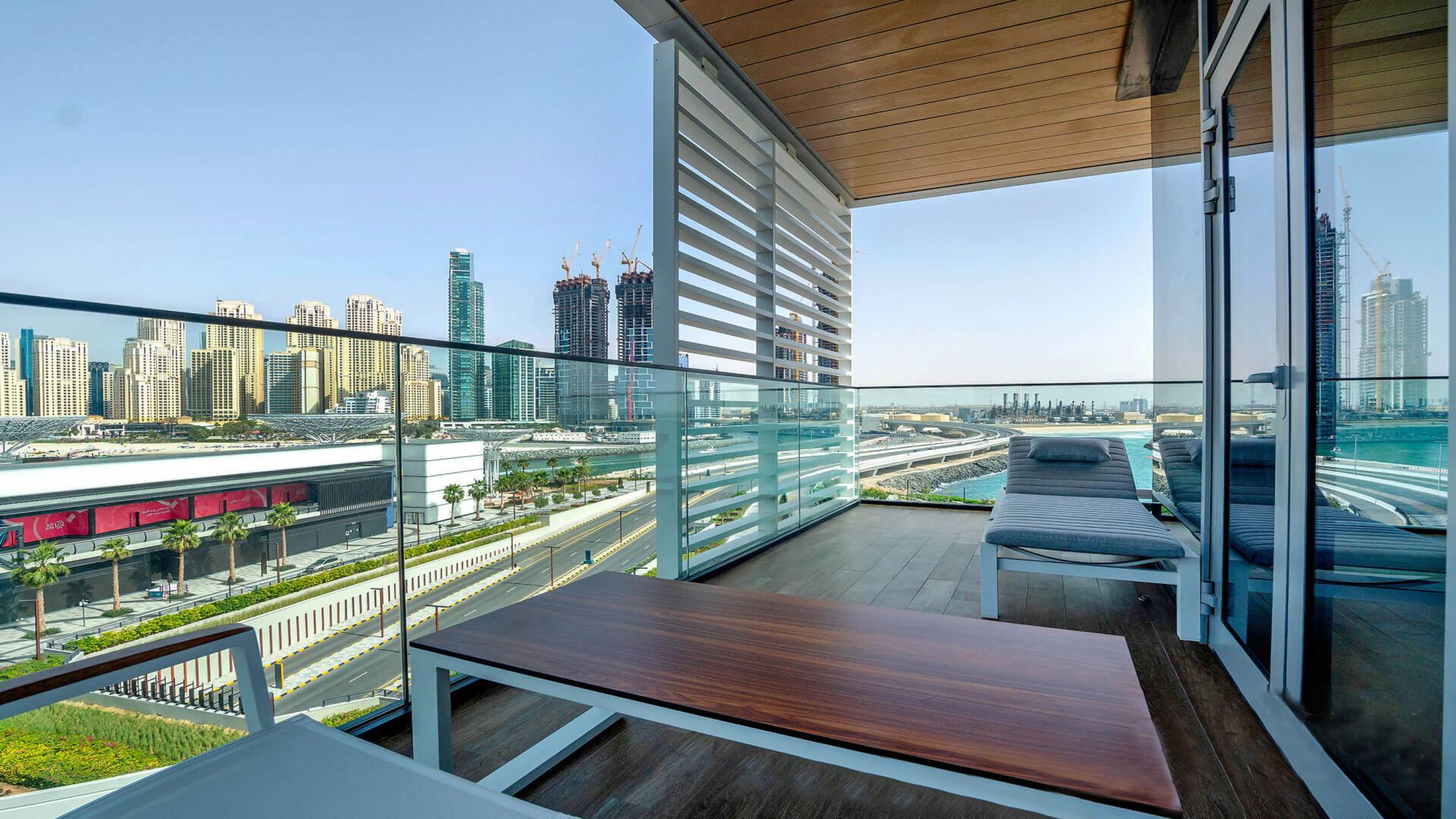 Balcony view from 3-bedroom apartment on Bluewaters Island, Dubai, overlooking city skyline
