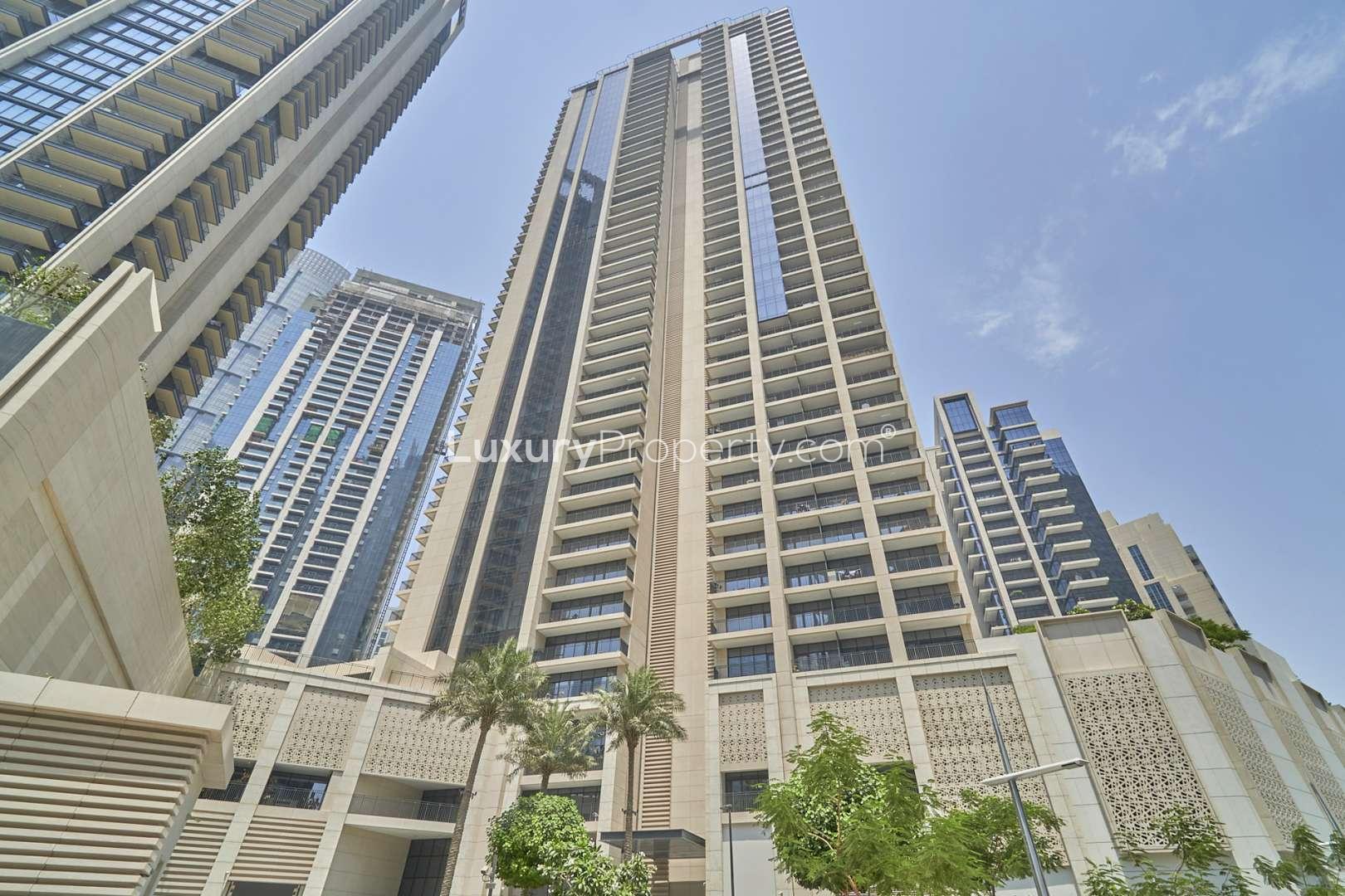 Balcony view from luxurious 3-bedroom apartment in BLVD Crescent, Downtown Dubai, skyline visible