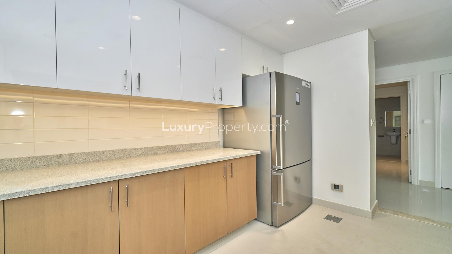 Modern kitchen in 3-bedroom apartment, BLVD Crescent, Downtown Dubai, with large windows and cabinets