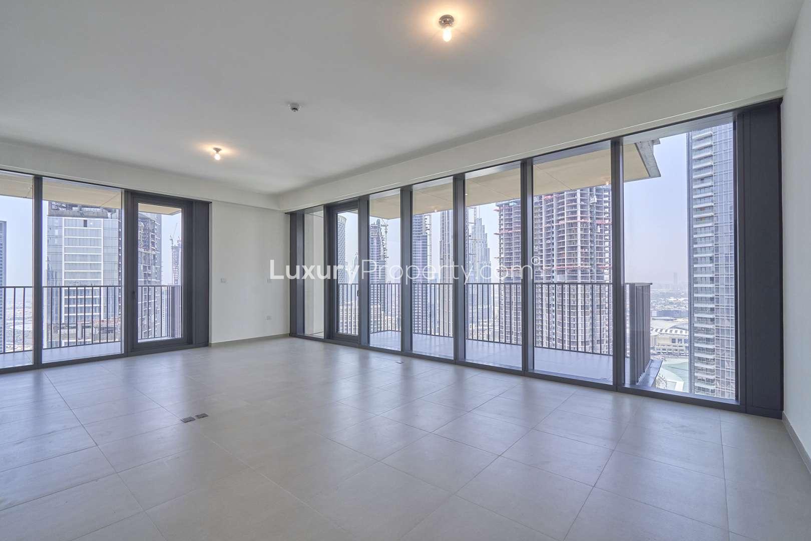 Skyline view of Downtown Dubai from BLVD Heights apartment, featuring modern skyscrapers and cityscape