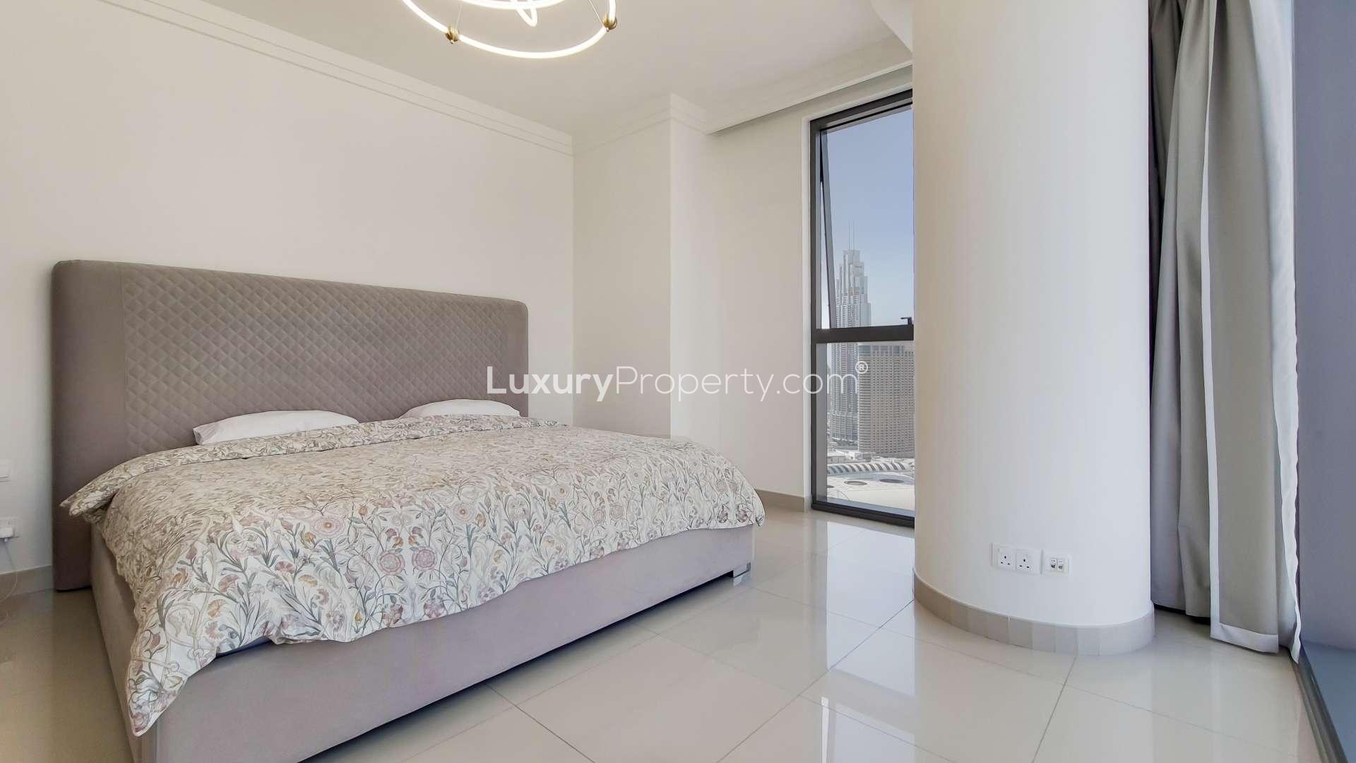 Luxurious Downtown Dubai apartment living room with modern decor and skyline views