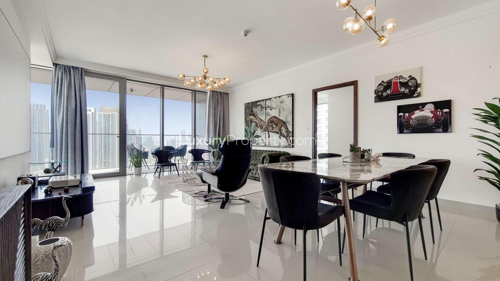 Aerial view of Boulevard Point apartment in Downtown Dubai near Burj Khalifa and cityscape