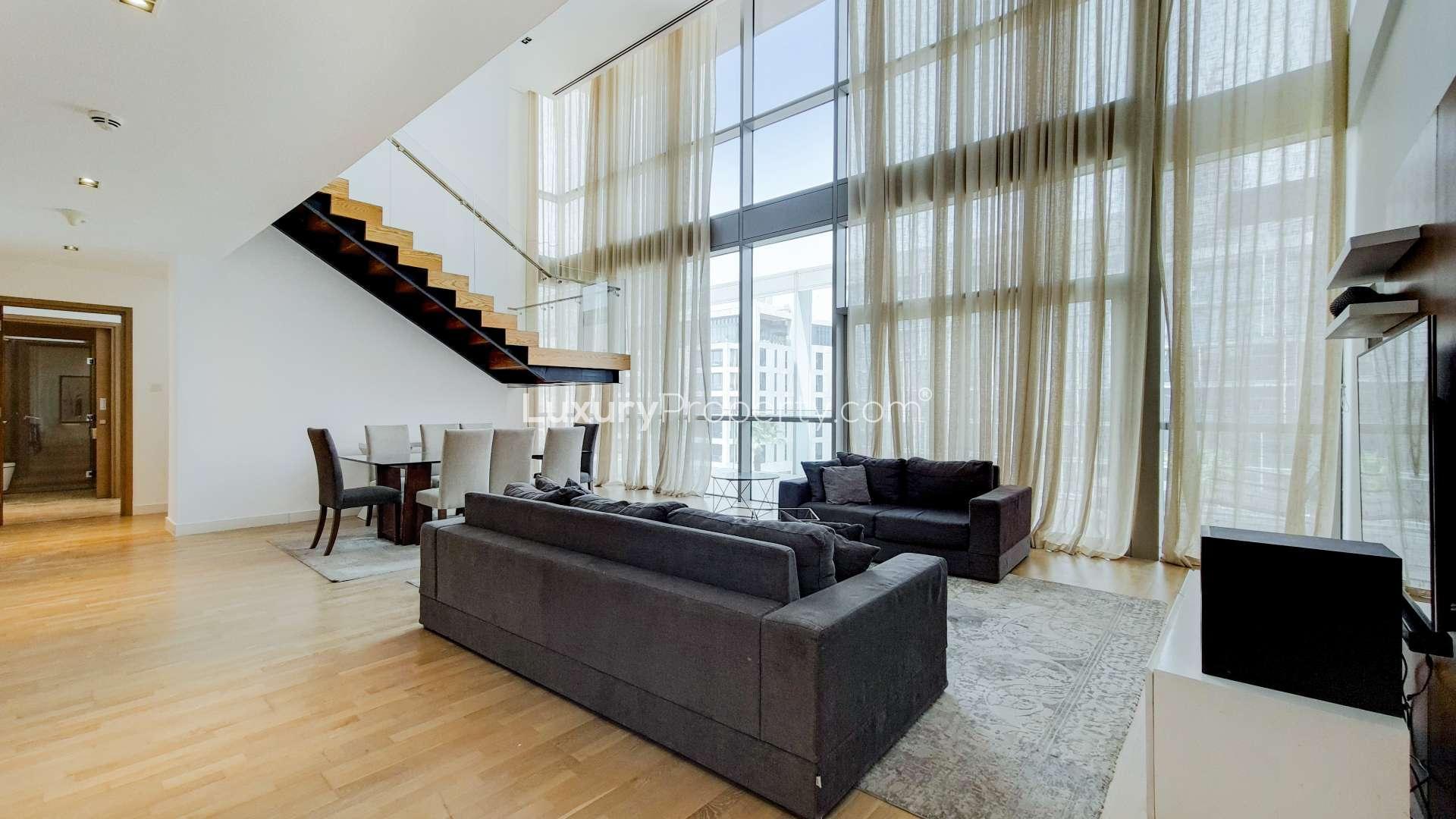 Modern furnished apartment living room with open kitchen in City Walk, Building 8