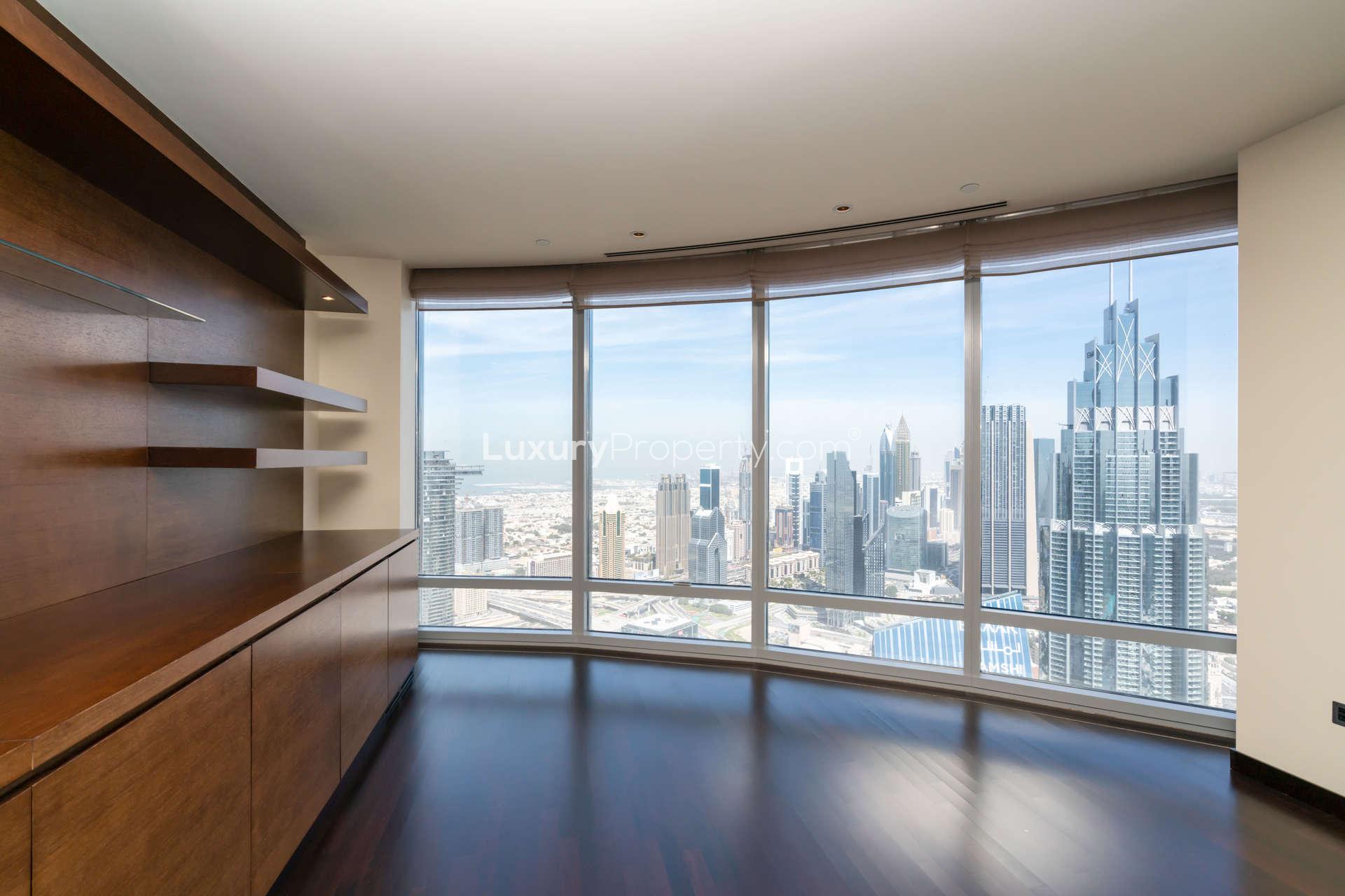 Luxurious Burj Khalifa apartment interior with stunning city views, Downtown Dubai rental