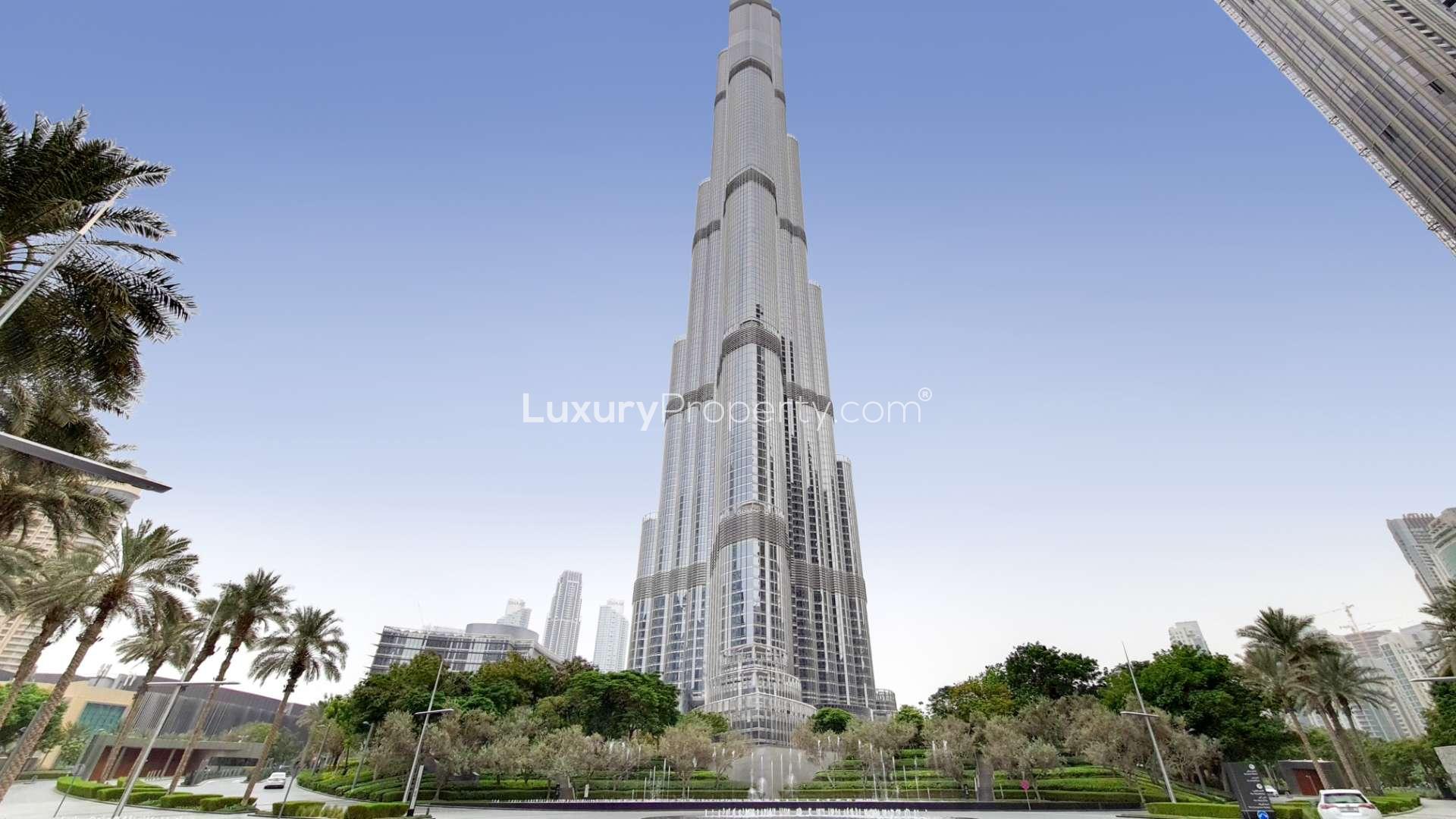 Luxurious living room in Burj Khalifa apartment with panoramic views, Downtown Dubai