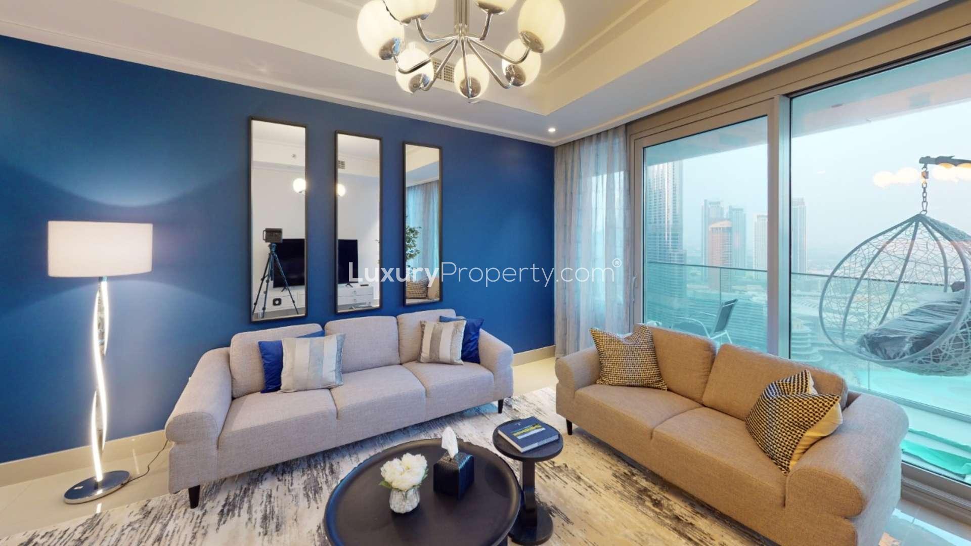 Apartment balcony with Burj Khalifa and Dubai Fountain views in Downtown Dubai