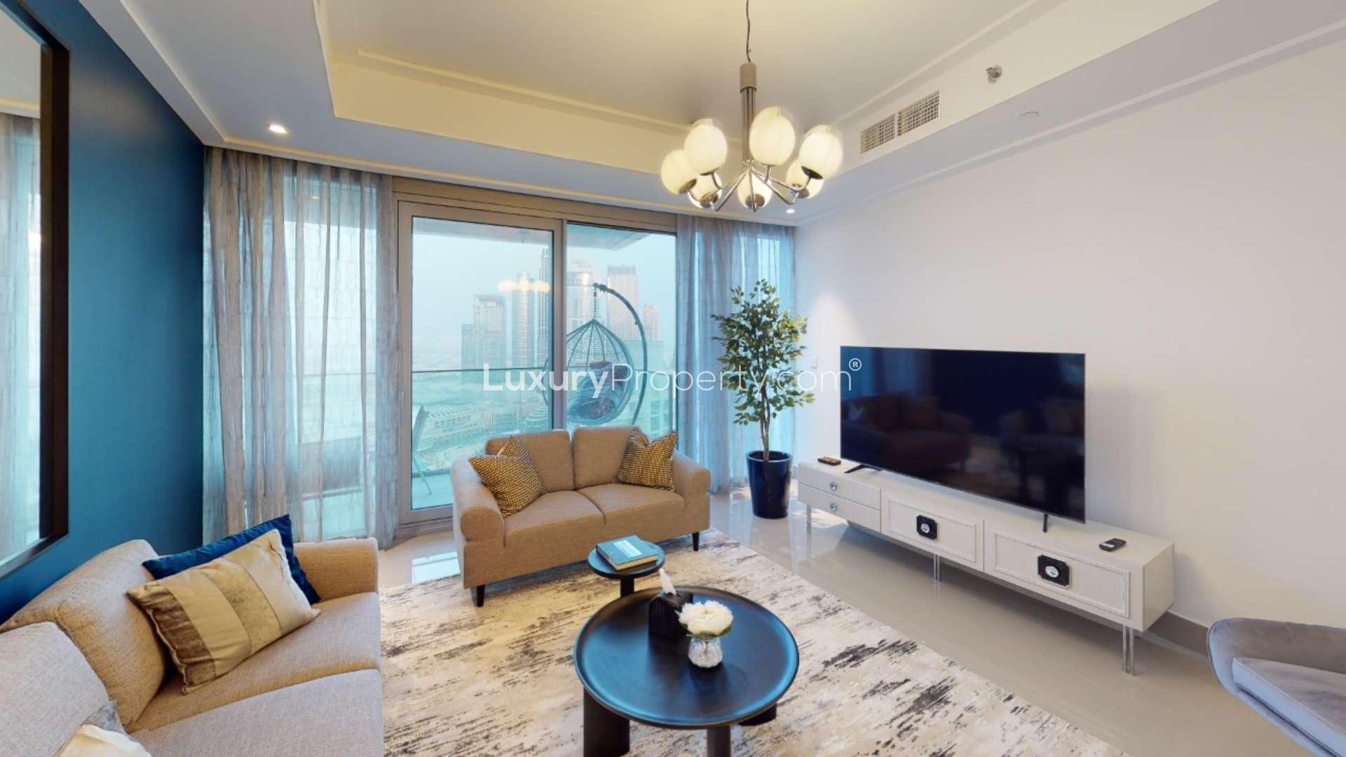 Luxurious living room with Burj Khalifa view, Downtown Dubai apartment for rent
