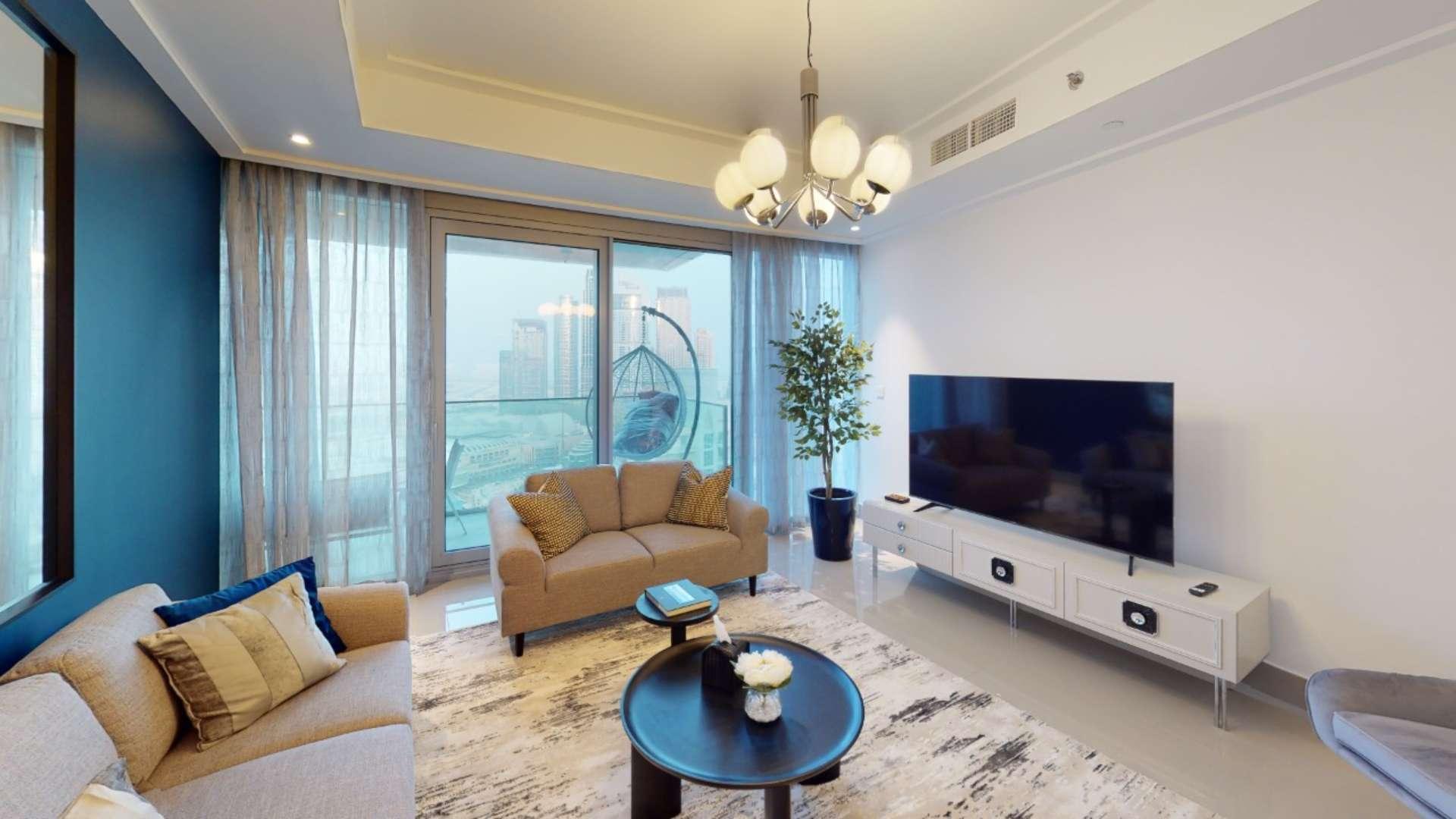 Luxurious living room with Burj Khalifa view, Downtown Dubai apartment for rent