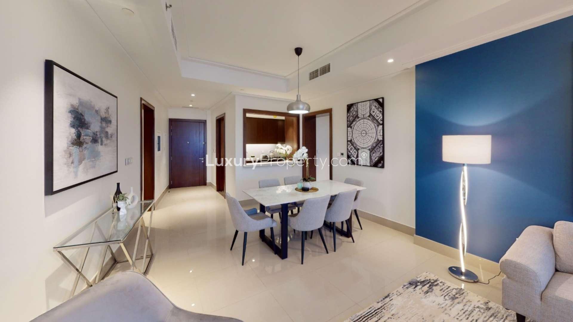 Stylish living room with Burj Khalifa views in Downtown Dubai apartment for rent