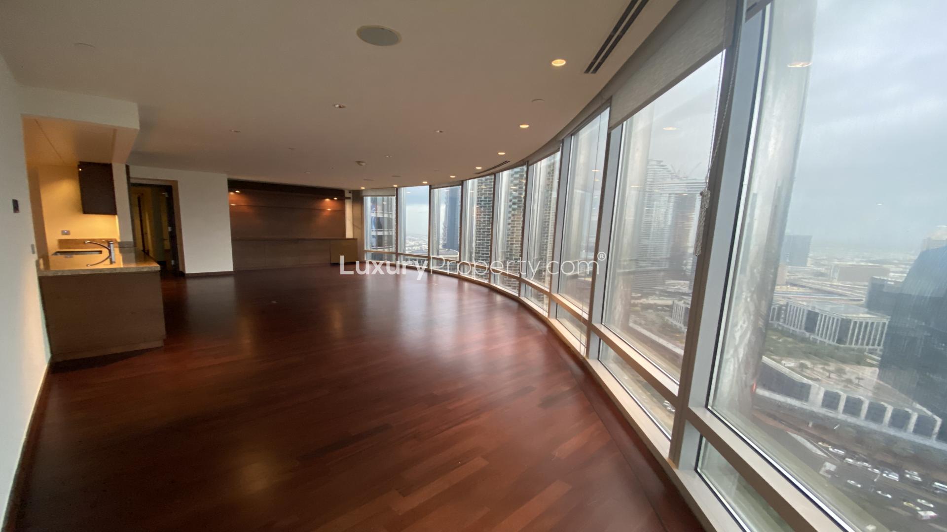 High-floor modern kitchen with city views in Downtown Dubai apartment for rent