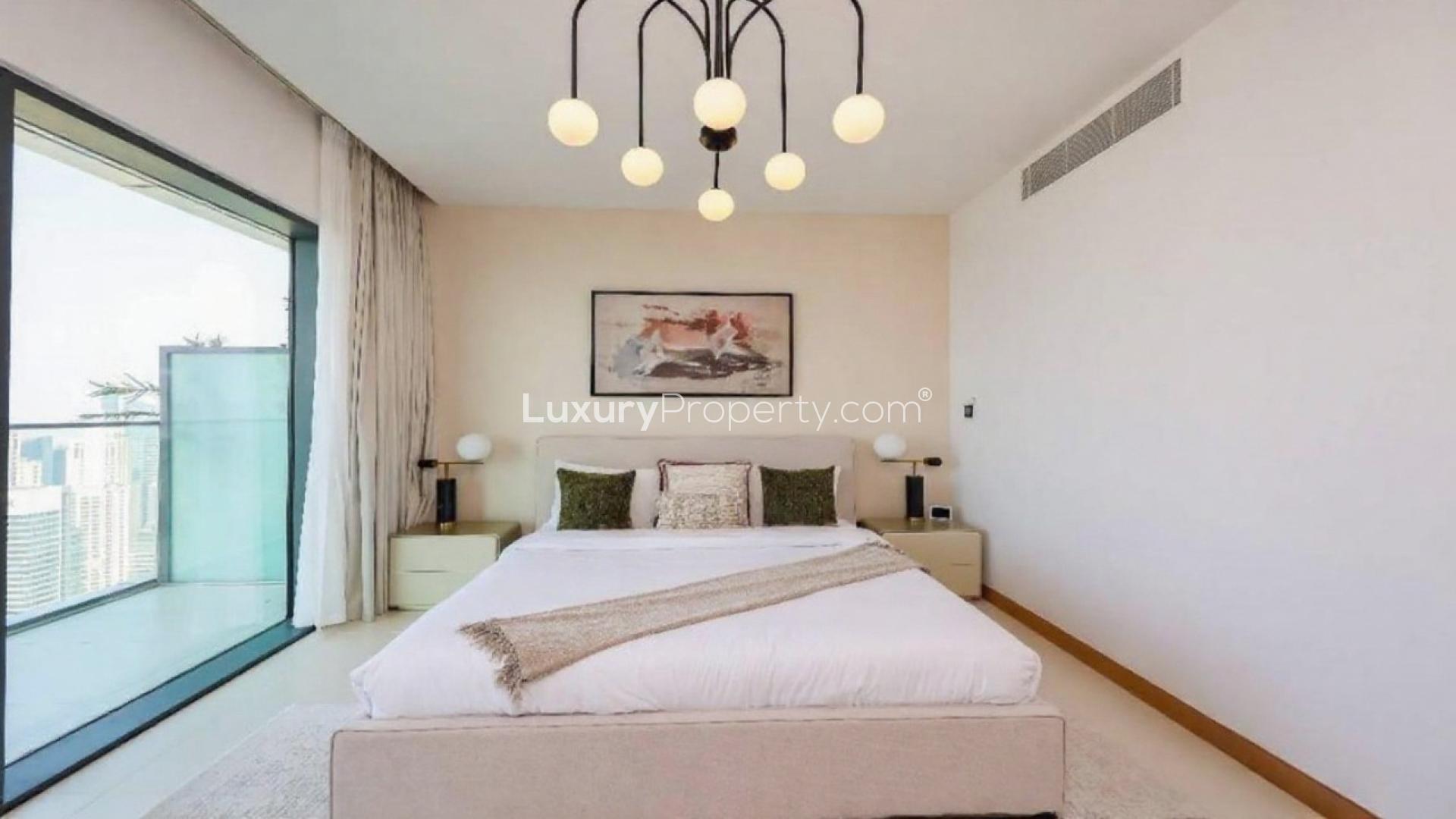 Elegant bedroom with city view in Vida Residences, Dubai Marina apartment for rent