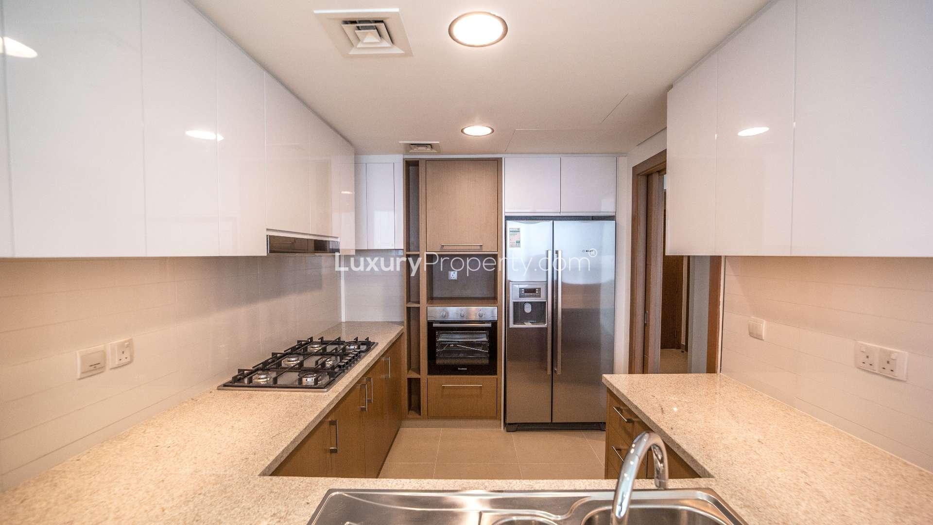 Modern kitchen in 3-bedroom Downtown Dubai apartment, Burj Vista, with sleek cabinetry and appliances