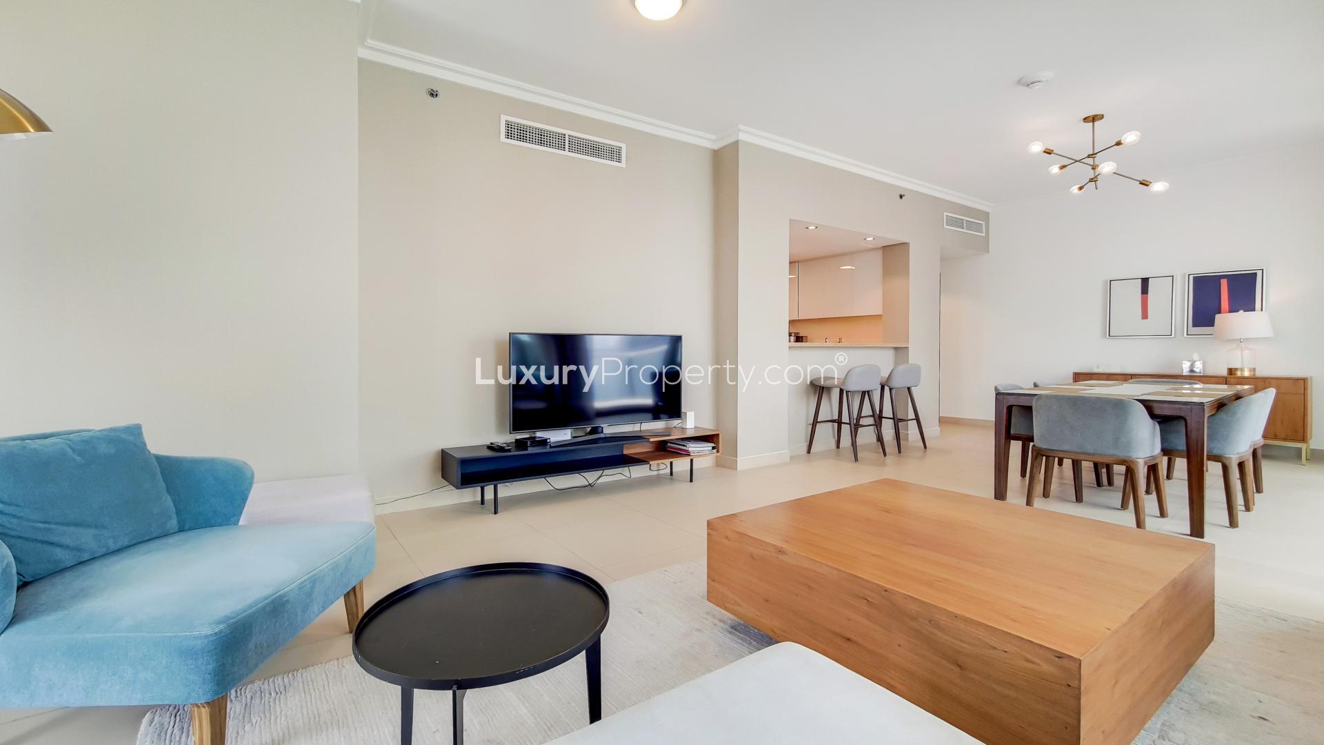 Fully furnished living room in Downtown Dubai apartment with Burj Khalifa view