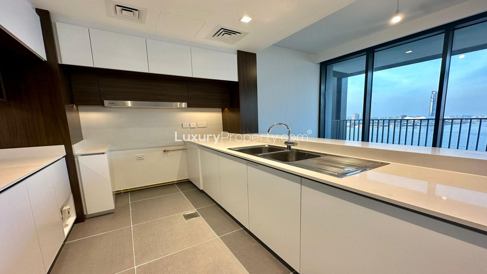 Brand new Creek Edge apartment kitchen with Dubai skyline view, Dubai Creek Harbour