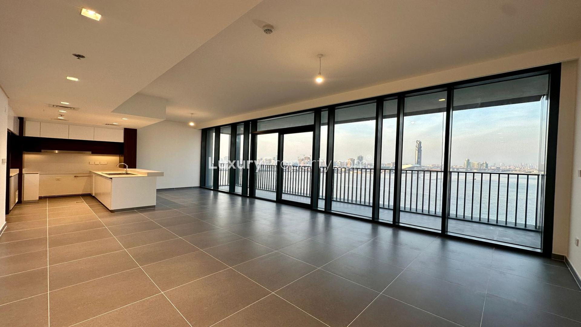 Dubai Creek Harbour skyline view from Creek Edge apartment balcony at sunset