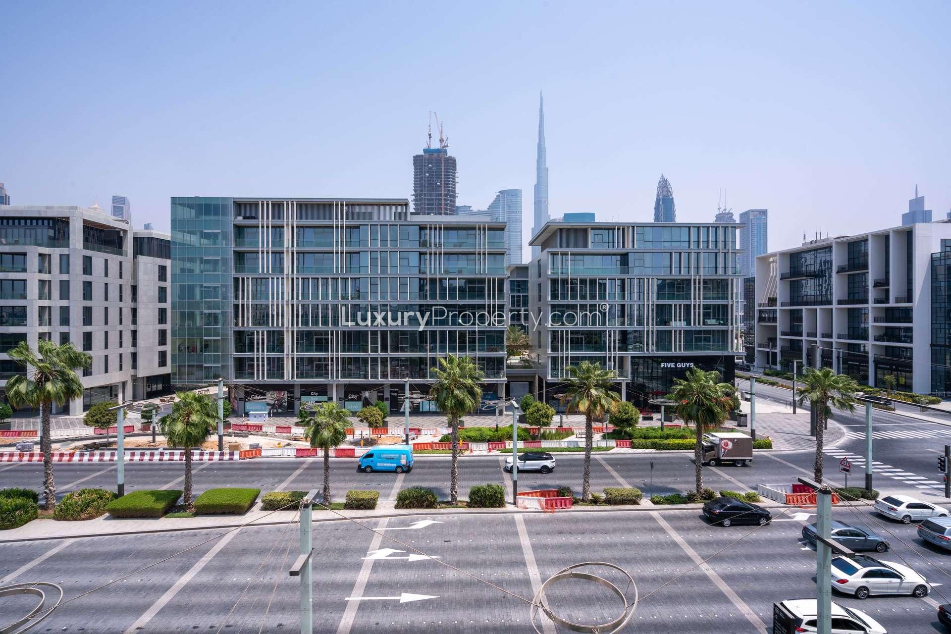 Exterior view of City Walk Building 8, Dubai, featuring modern architecture and cityscape