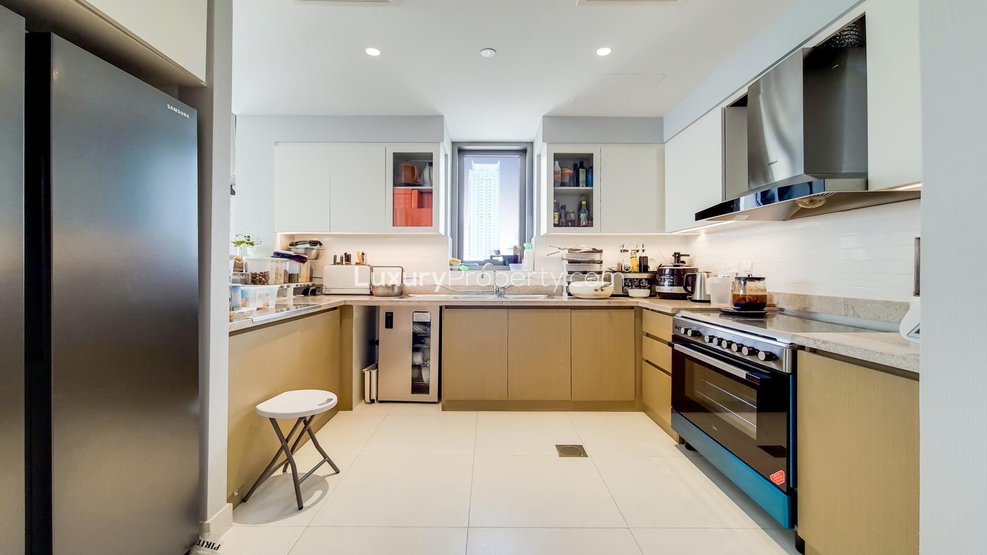 Fully furnished living room in Creekside 18 apartment, Dubai Creek Harbour, with modern decor