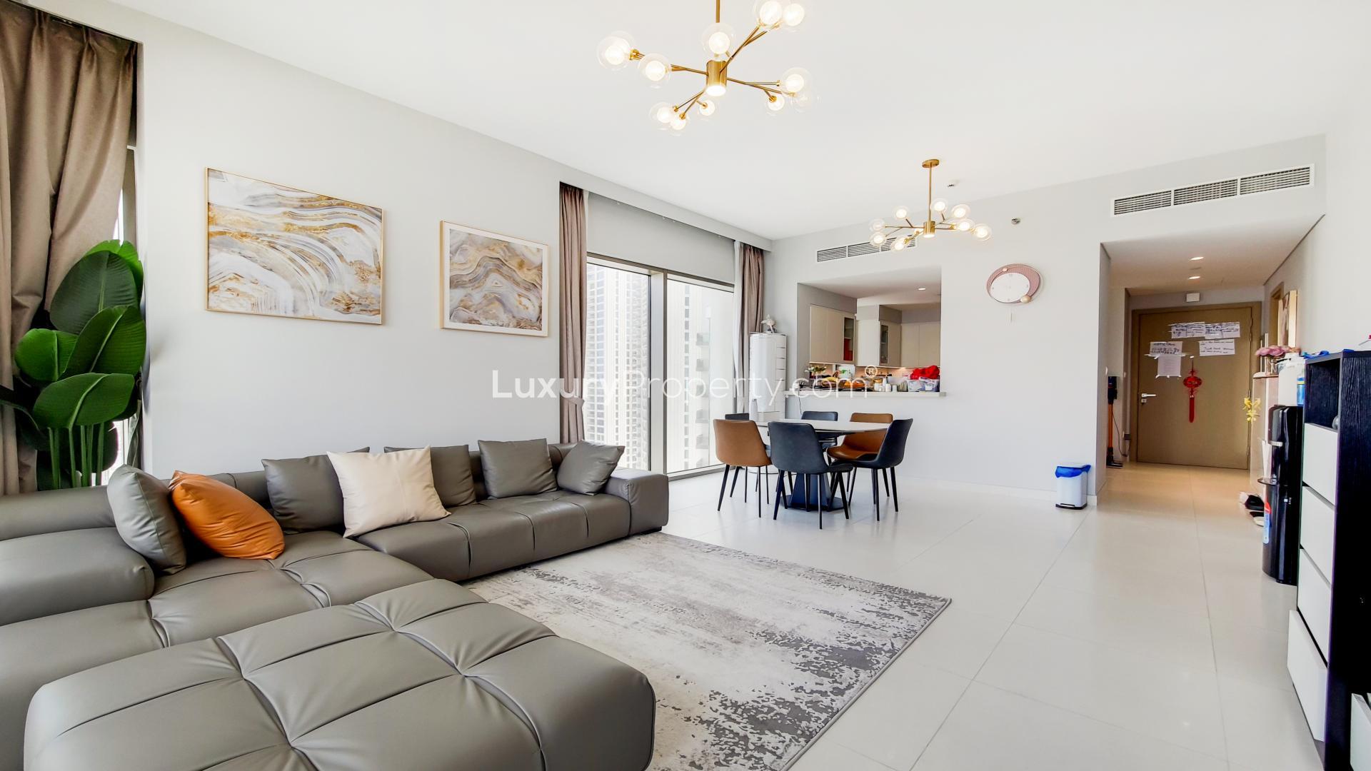 Fully furnished apartment living room with panoramic downtown views, Dubai Creek Harbour