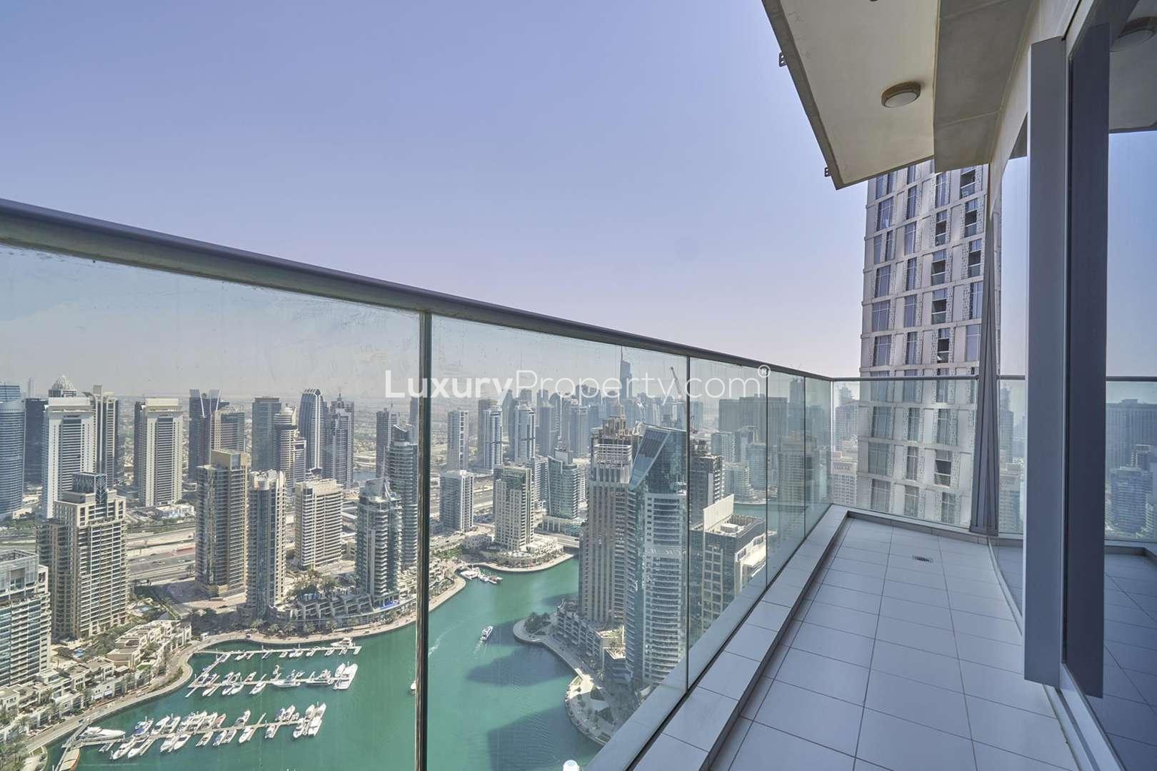 Panoramic skyline view from balcony of Fendi-inspired apartment in Damac Heights, Dubai Marina