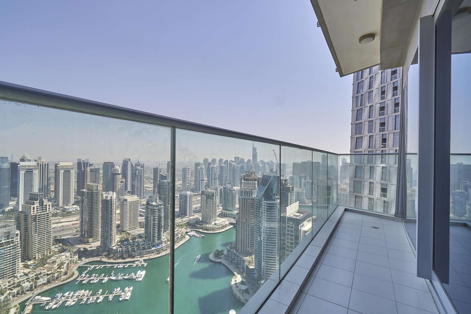 Panoramic skyline view from balcony of Fendi-inspired apartment in Damac Heights, Dubai Marina