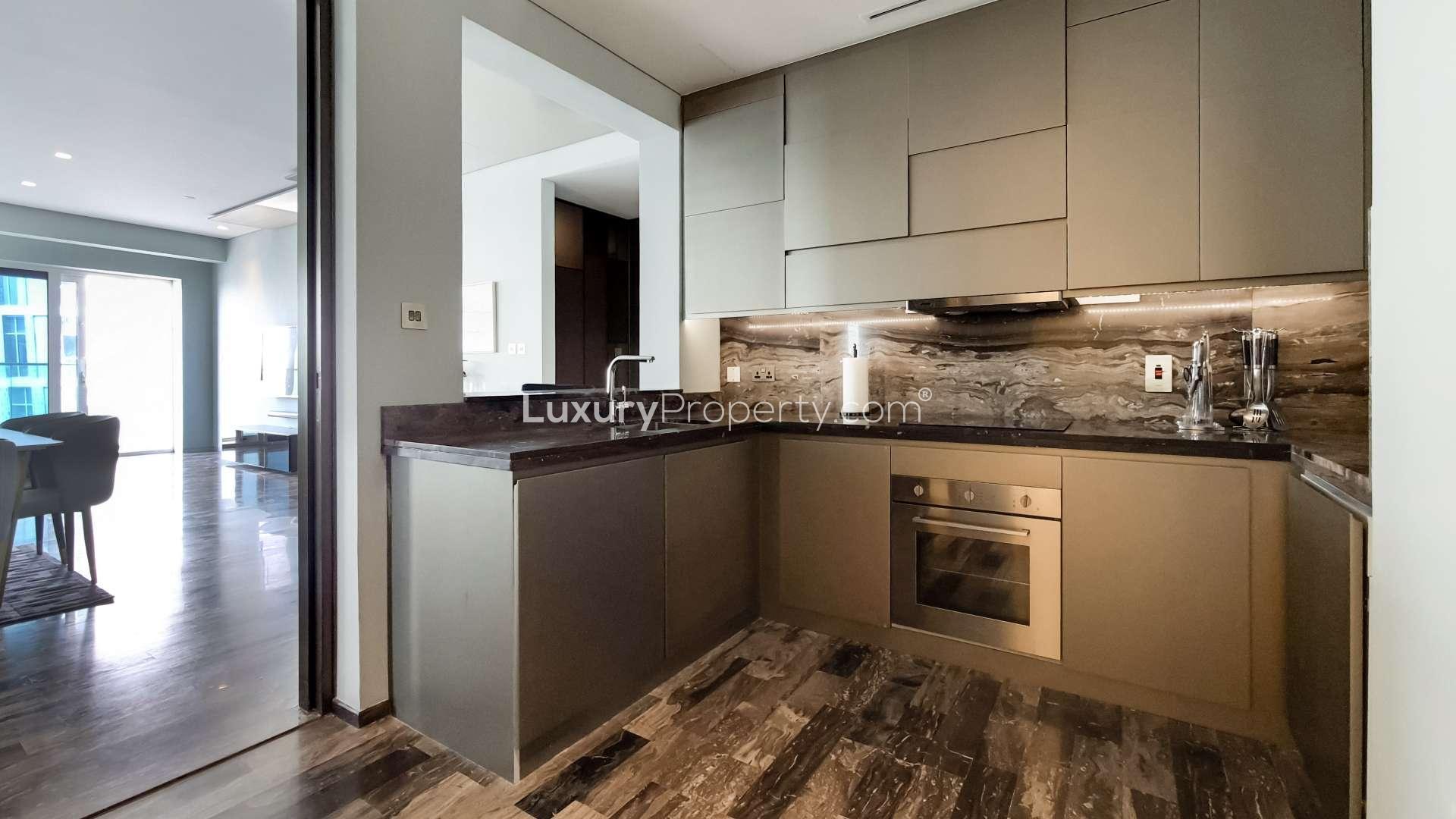Luxurious furnished living room in high-floor Damac Heights apartment, Dubai Marina