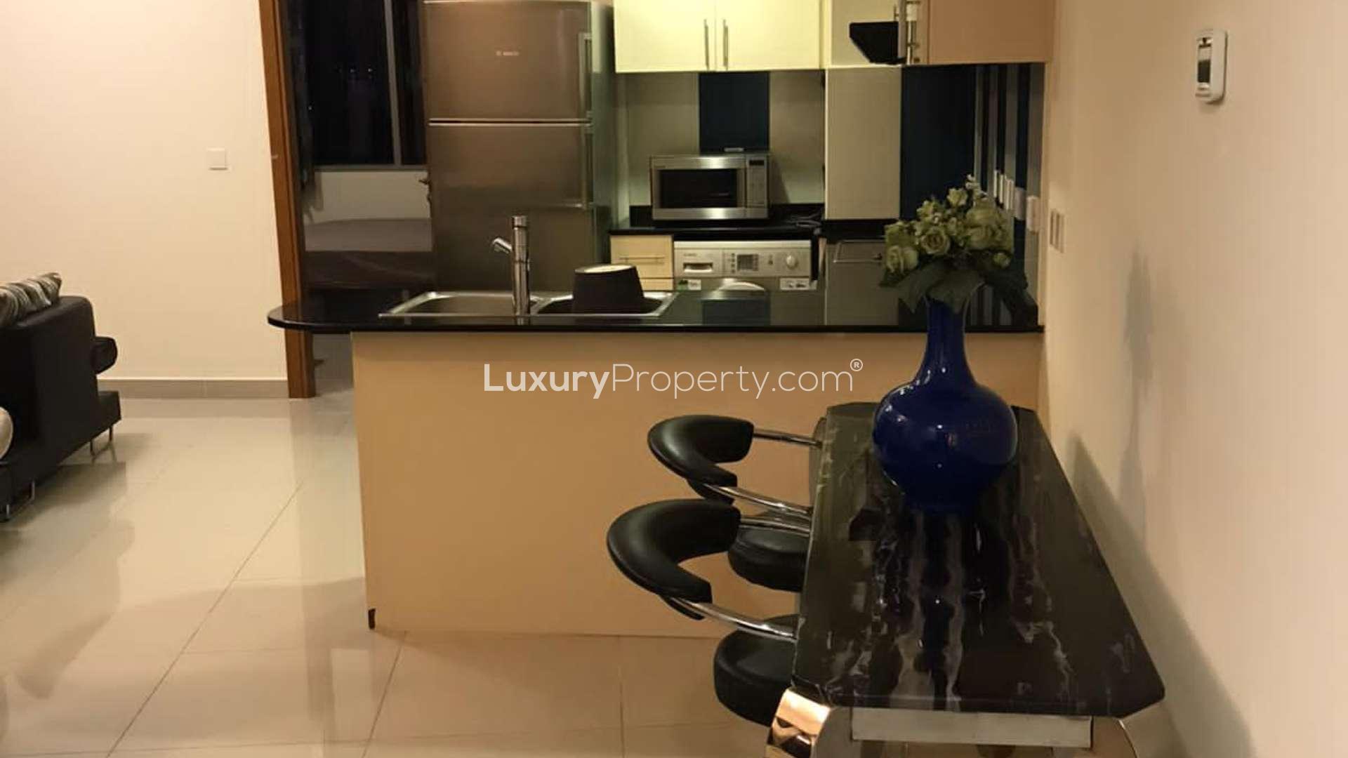 Modern kitchen and living area in fully furnished Dubai Marina apartment, Ocean Heights