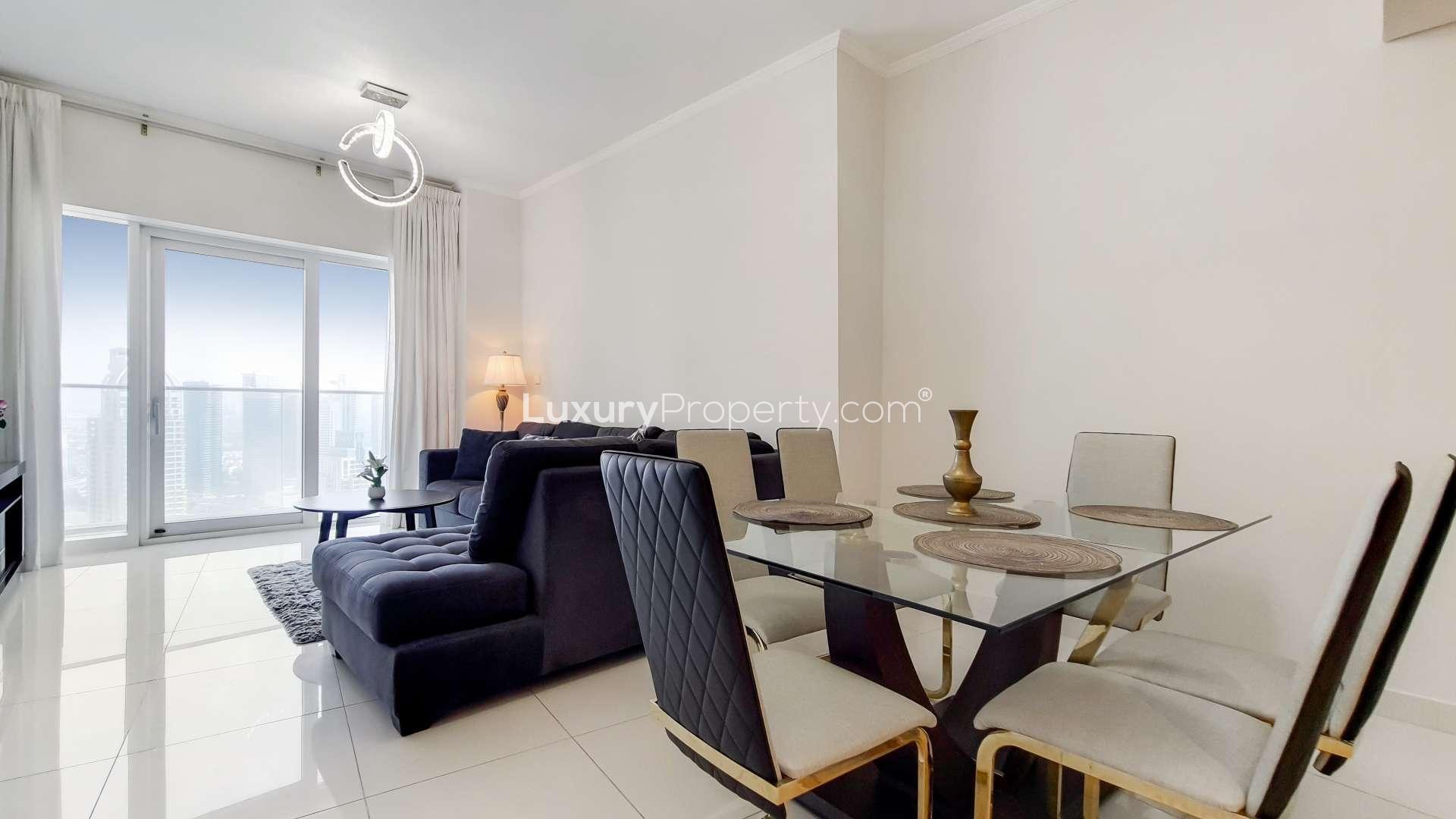 Modern furnished living room in 3-bedroom apartment, Damac Heights, Dubai Marina, available for rent