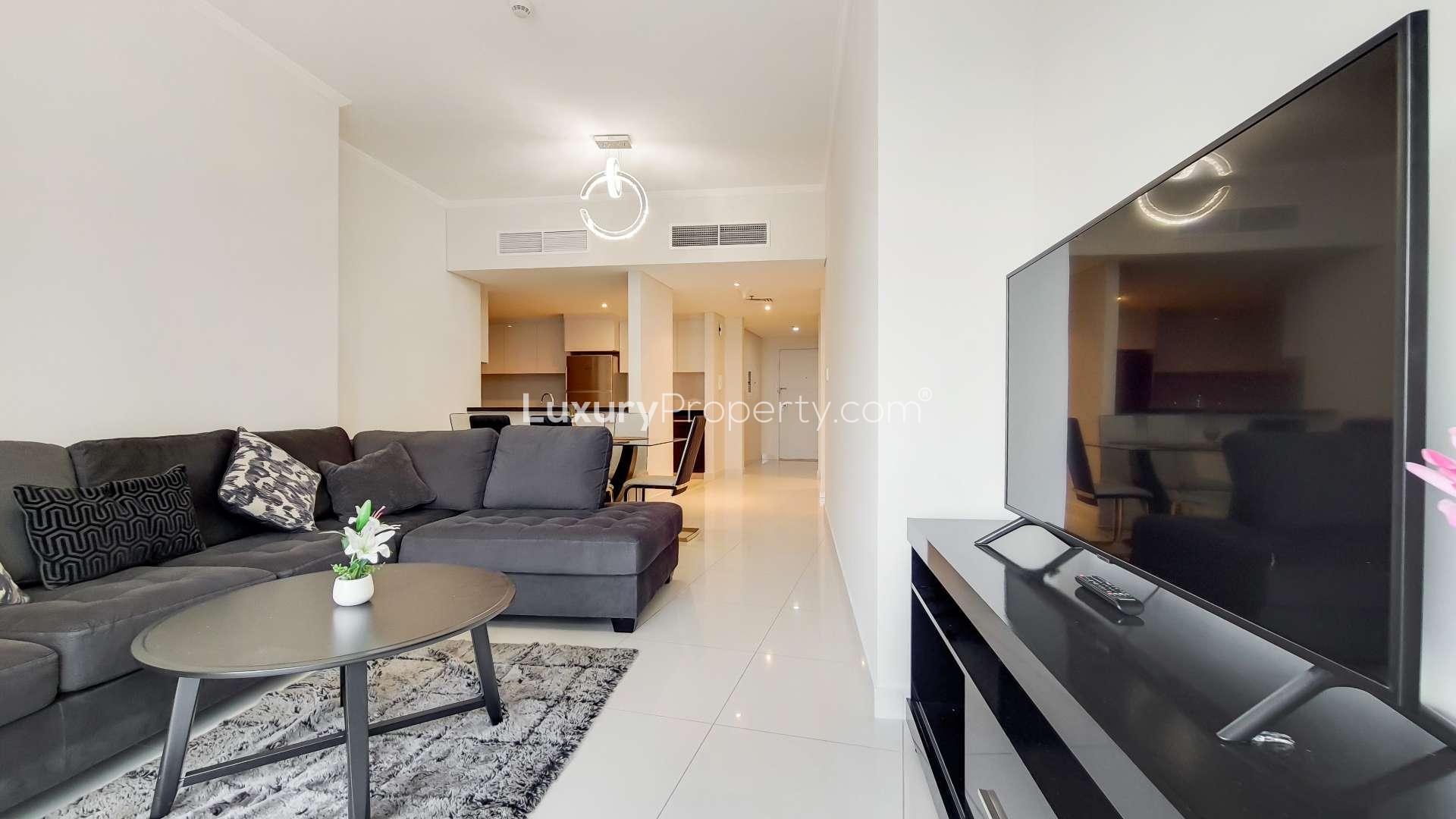 Balcony view of Dubai Marina skyline from Damac Heights apartment for rent