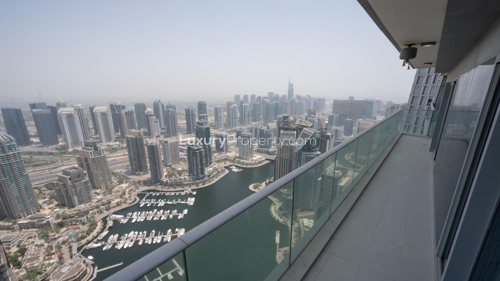 Balcony view from Fendi-designed apartment in Damac Heights, Dubai Marina, showcasing city skyline